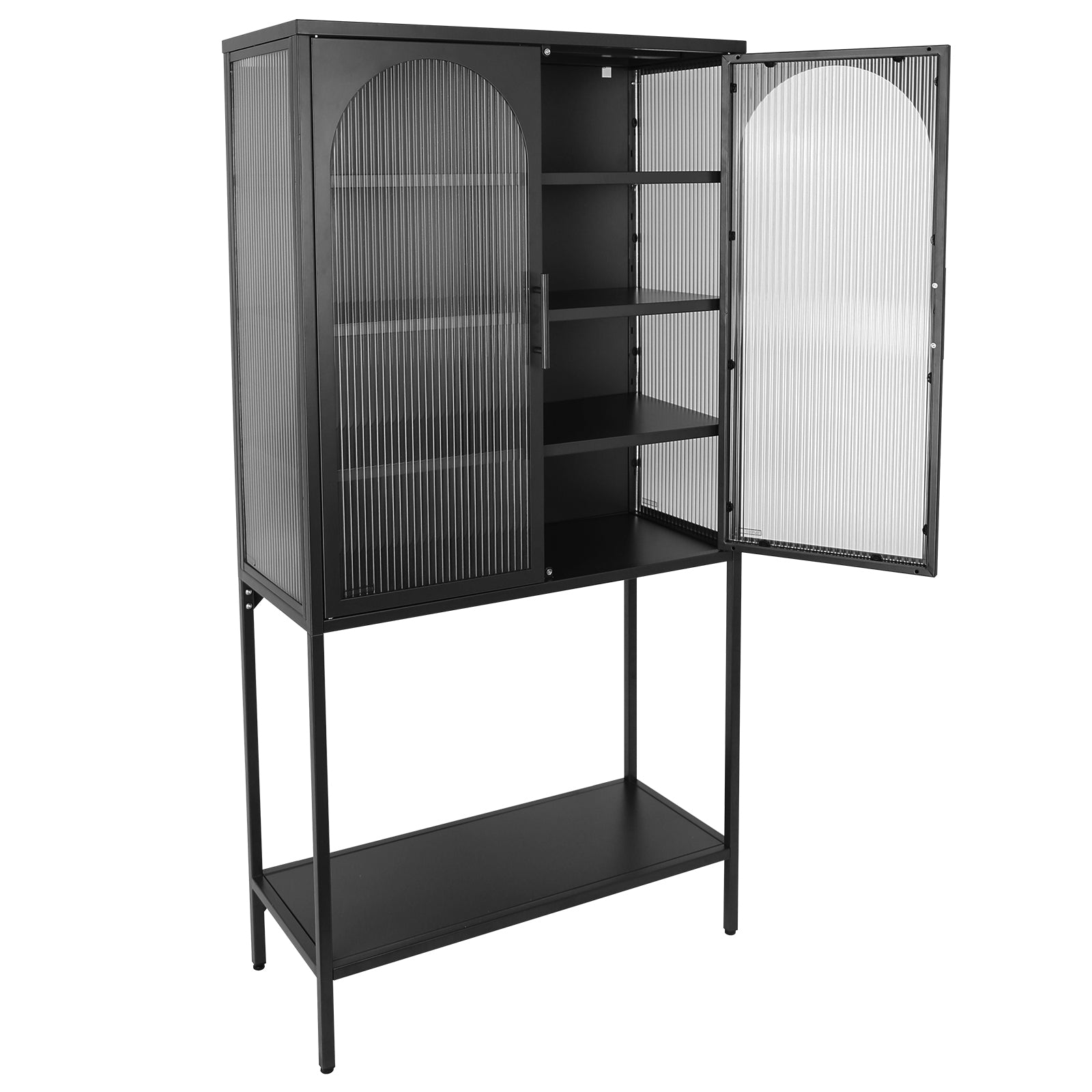 Elegant Floor Cabinet With 2 Glass Arched Doors Living Room Display Cabinet With Adjustable Shelves Anti Tip Dust Free Easy Assembly Black Black Tempered Glass Sheet Metal Plastic