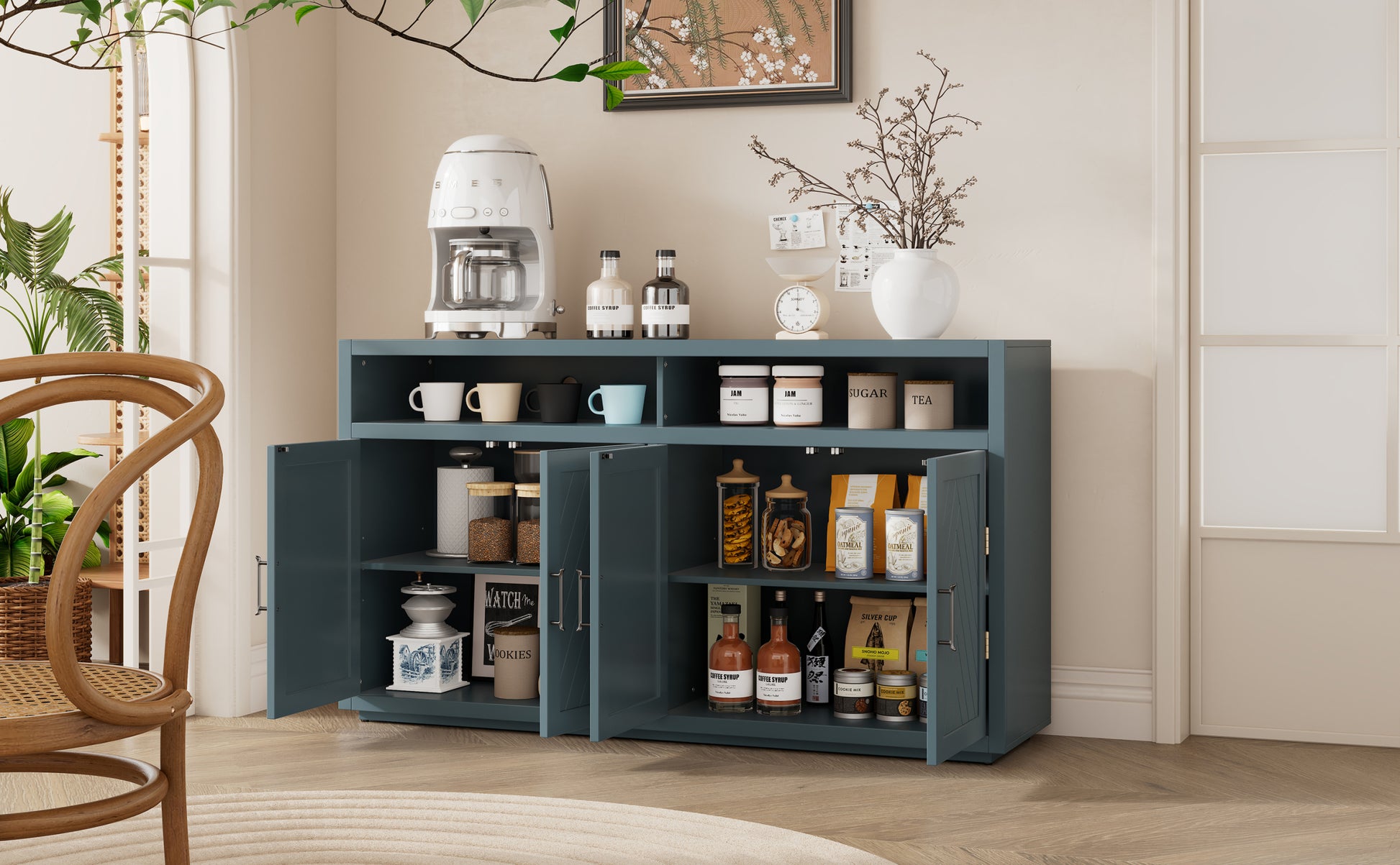 4 Door Classic Sideboard With Open Storage And Adjustable Shelves Perfect For Kitchens, Living Rooms Smoke Blue Smoke Blue Mdf