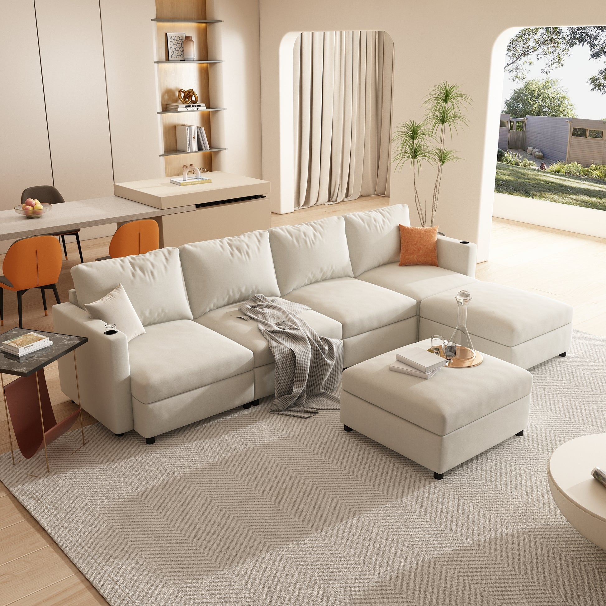 Modern Large Sectional Sofa, U Shape Modular Sectional Couch With Storage Function,123" Sofa Bed With Ottoman,6 Seat Sectionals Chaise For Living Room,Chenille Antique White Fabric 6 Seat