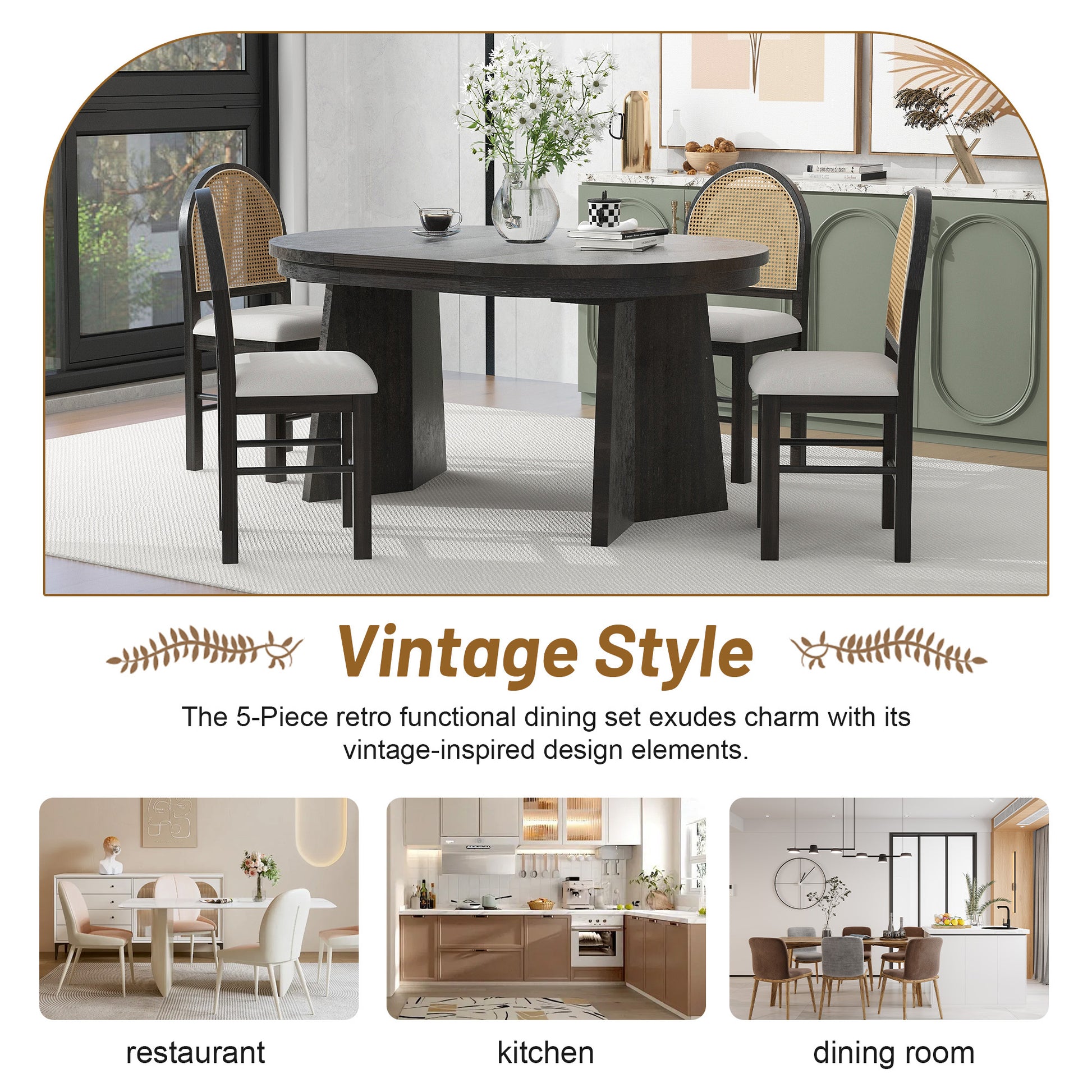 5 Piece Retro Functional Dining Set With 1 Extendable Dining Table And 4 Upholstered Chairs With Rattan Backrests For Dining Room And Kitchen Espresso Espresso Solid Wood Mdf