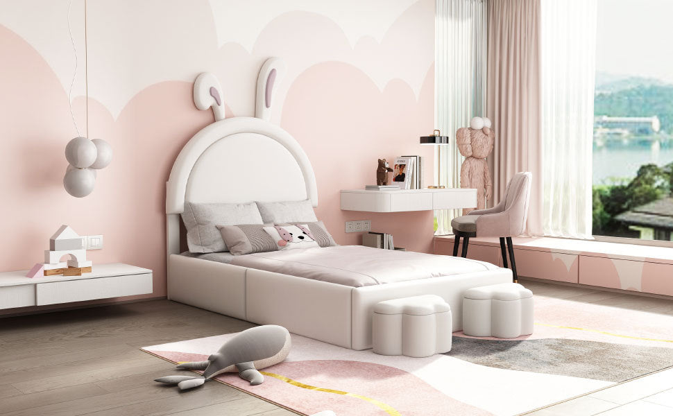 Twin Size Upholstered Rabbit Shape Bed With 2 Storage Stools, Velvet Platform Bed With Cartoon Ears Shaped Headboard, White Twin White Wood