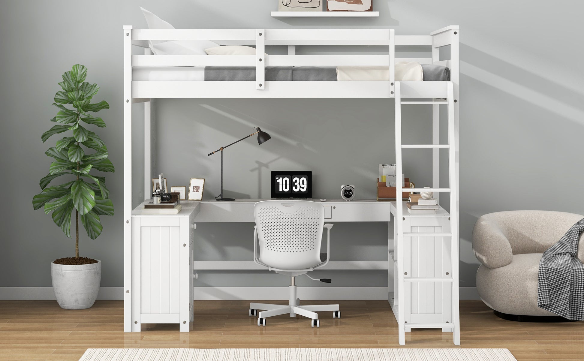 Full Size Loft Bed With U Shaped Desk, Drawers And Storage Shelves, White Box Spring Not Required Full White Wood Bedroom Solid Wood Mdf