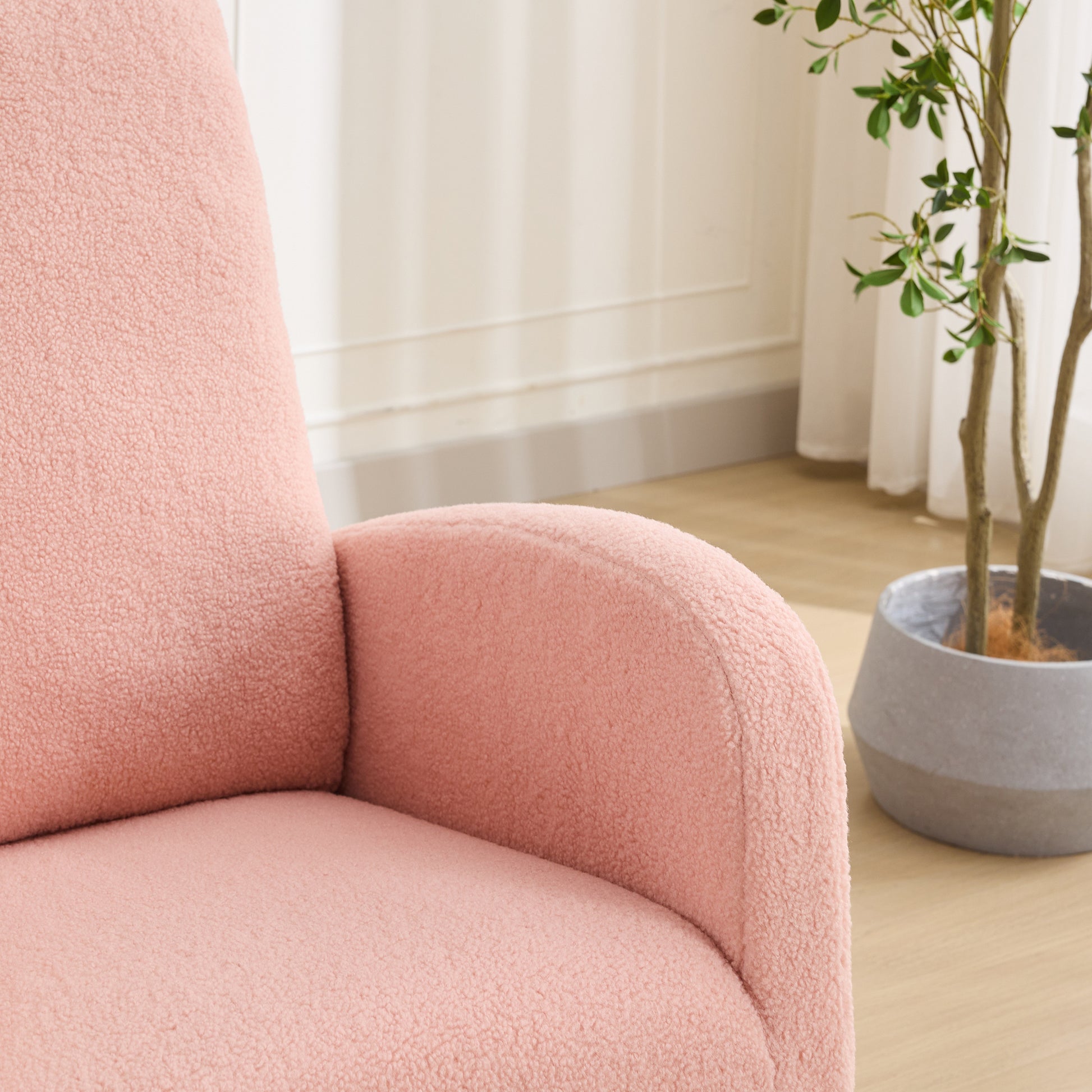 27.2"W Rocking Chair For Nursery, Sherpa Glider Chair With High Back And Side Pocket, Rocking Accent Armchair With Rubber Wood Legs For Living Room Bedroom.Pink Pink Sherpa