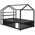 Full Size Metal House Bed With Fence And Detachable Storage Shelves, Black Full Black Metal