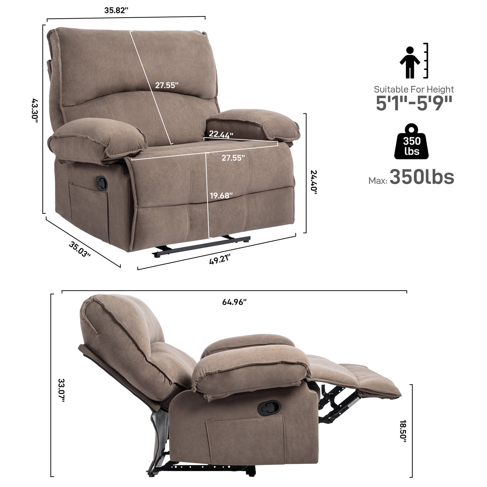 Oversized Manual Recliner Chair Sofa For Living Room Brown Velvet Manual Handle Metal Primary Living Space Soft Cushion Back Heavy Duty American Design,American Traditional,Classic Pillow Top Arms Foam Velvet