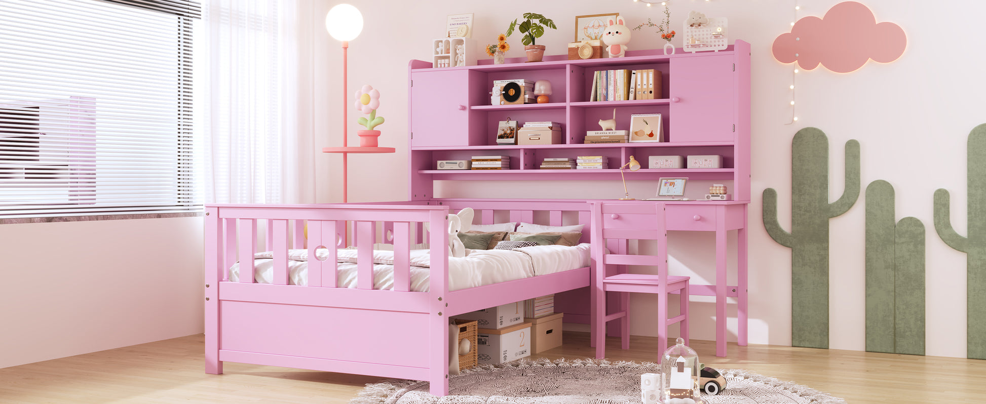 Twin Size Multifunctional Wood Platform Bed With Bookshelf At The Head Of The Bed, Built In Desk And Matching Chair, Pink Twin Pink Wood