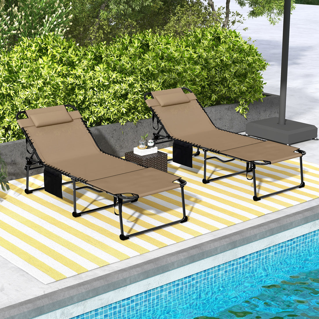 Outsunny 2 Piece Folding Chaise Lounge With 5 Level Reclining Back, Outdoor Tanning Chair With Reading Face Hole, Outdoor Lounge Chair With Side Pocket & Headrest For Beach, Yard, Patio, Beige Beige Steel