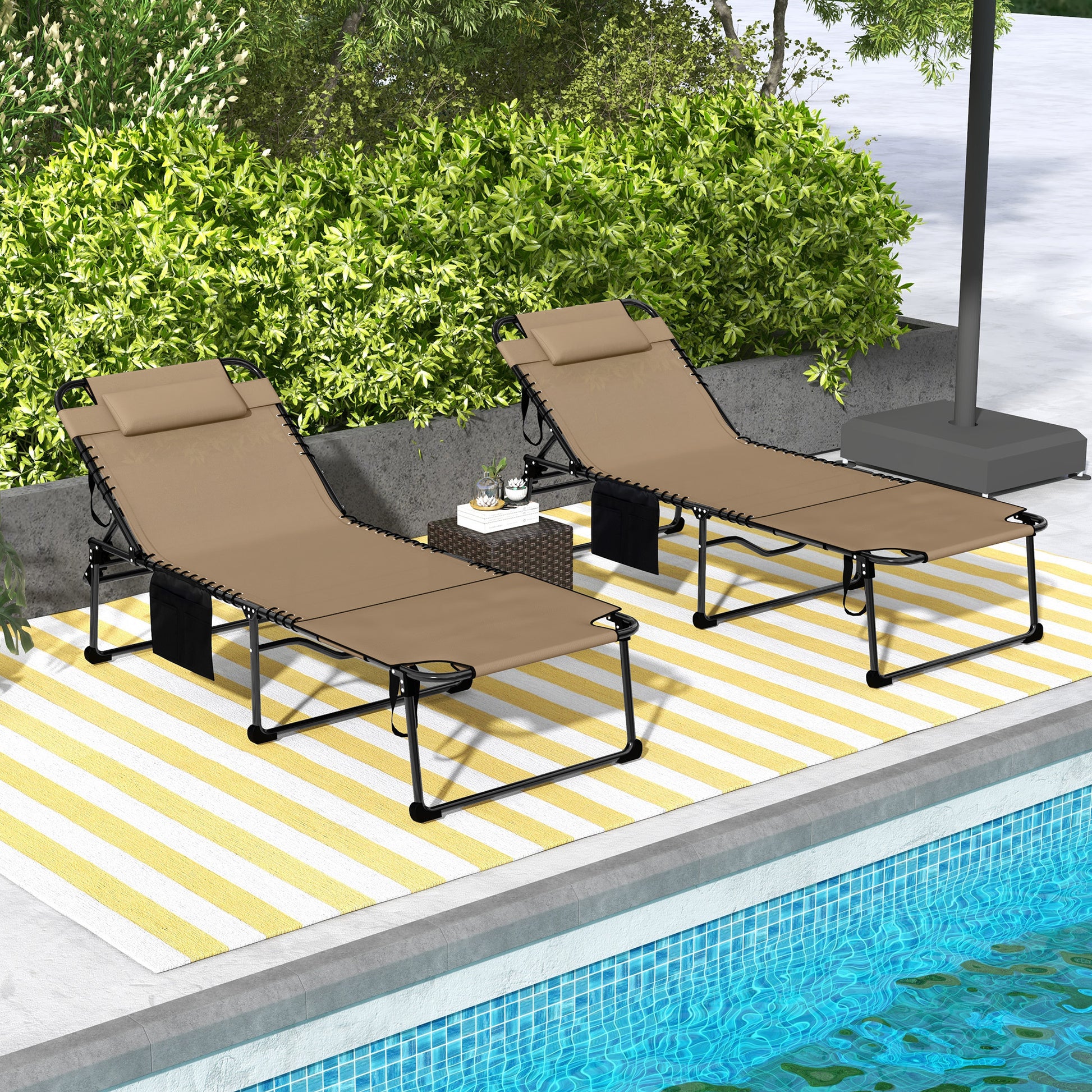 Outsunny 2 Piece Folding Chaise Lounge With 5 Level Reclining Back, Outdoor Tanning Chair With Reading Face Hole, Outdoor Lounge Chair With Side Pocket & Headrest For Beach, Yard, Patio, Beige Beige Steel