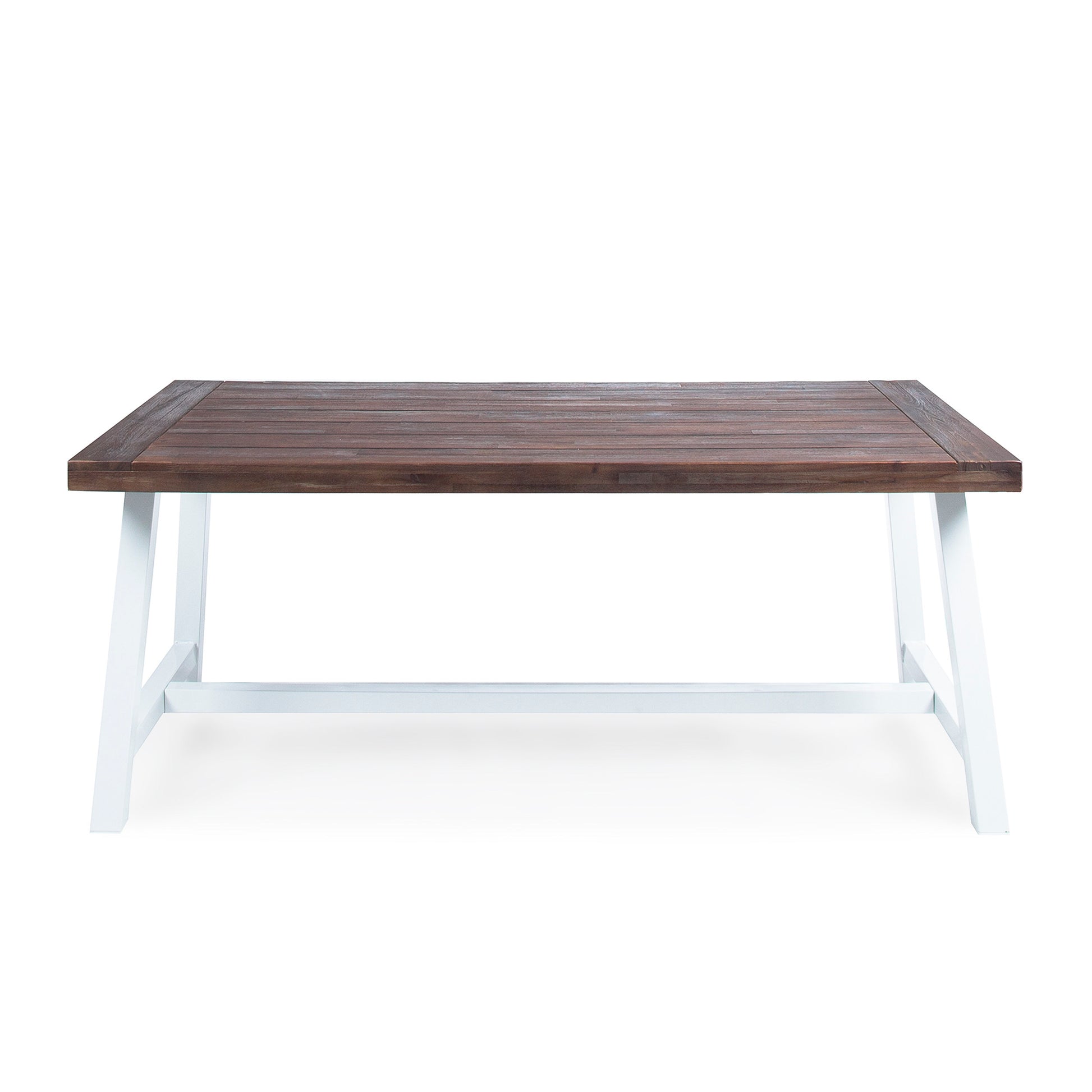 Outdoor Dark Brown Sandblast Finish Acacia Wood Dining Table With White Rustic Metal Finish Frame Brown White Acacia Wood