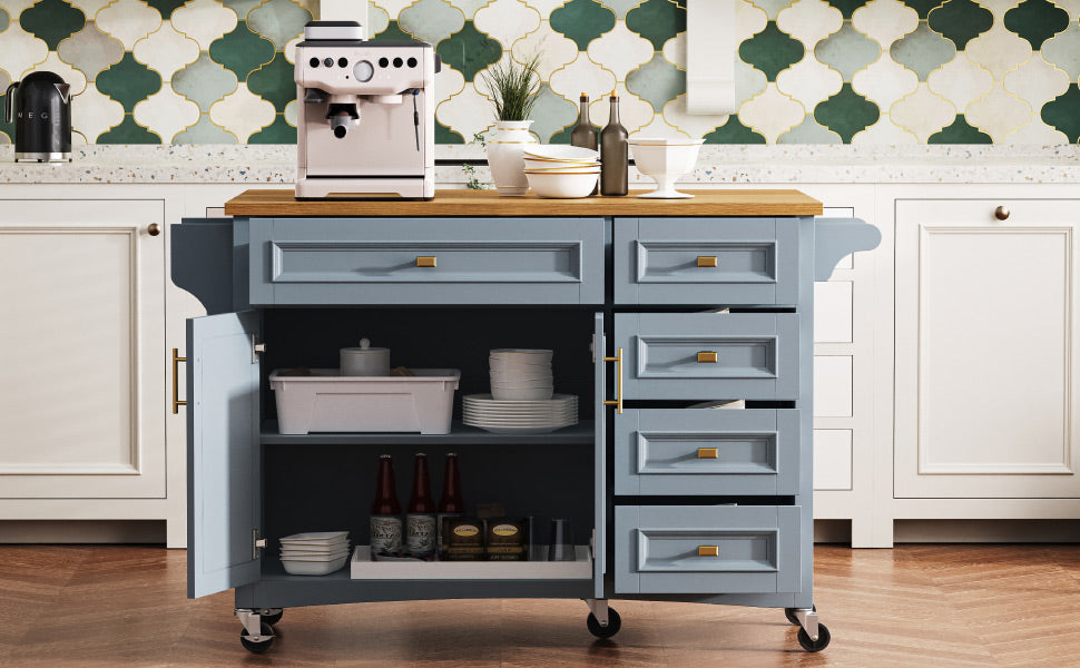 K&K 52'' Kitchen Island With Drop Leaf, Embossed Texture Kitchen Island On Wheels With Spice Rack, Towel Rack, 2 Doors And 5 Drawers, Kitchen Storage Cart With Adjustable Shelf For Kitchen, Blue