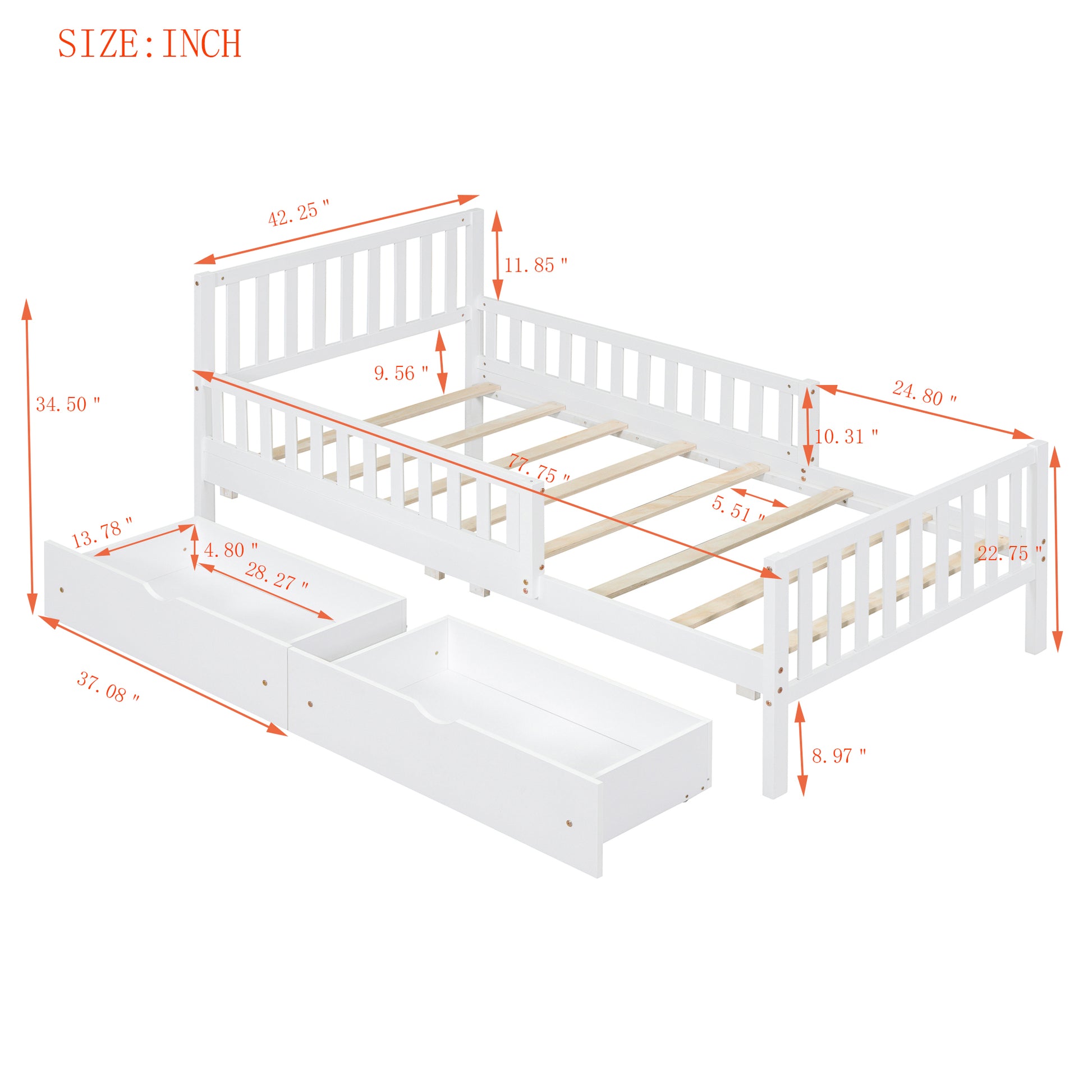 Twin Size Wood Platform Bed With Guardrails On Both Sides And Two Storage Drawers ,White Twin White Wood