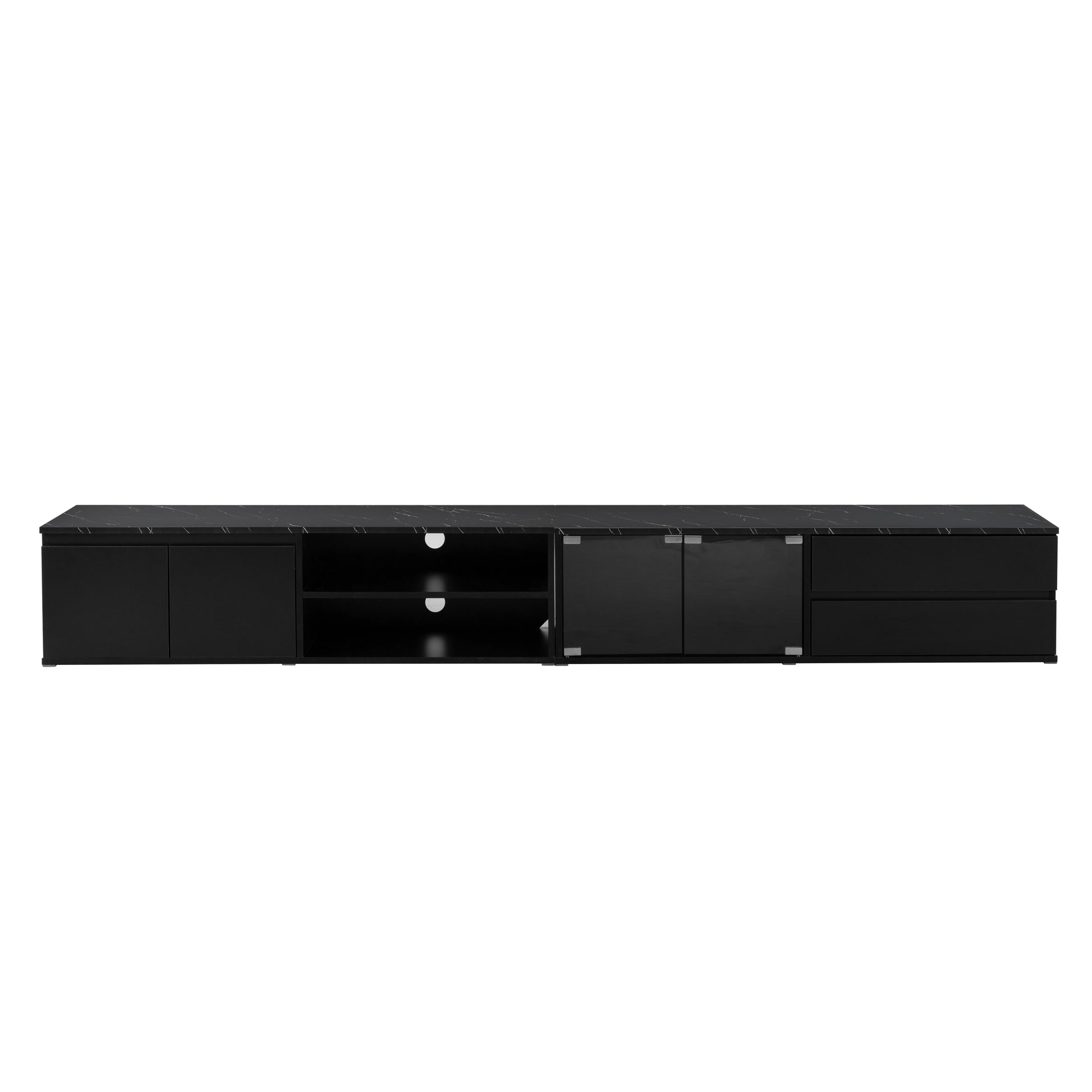 Modern App Controlled Led Tv Stand For Tvs Up To 105'', Faux Marble Tabletop Media Console With Tempered Glass Doors, Entertainment Center With 2 Drawers & Cabinets For Living Room, Black Black 90 Inches Or Larger Particle Board Mdf