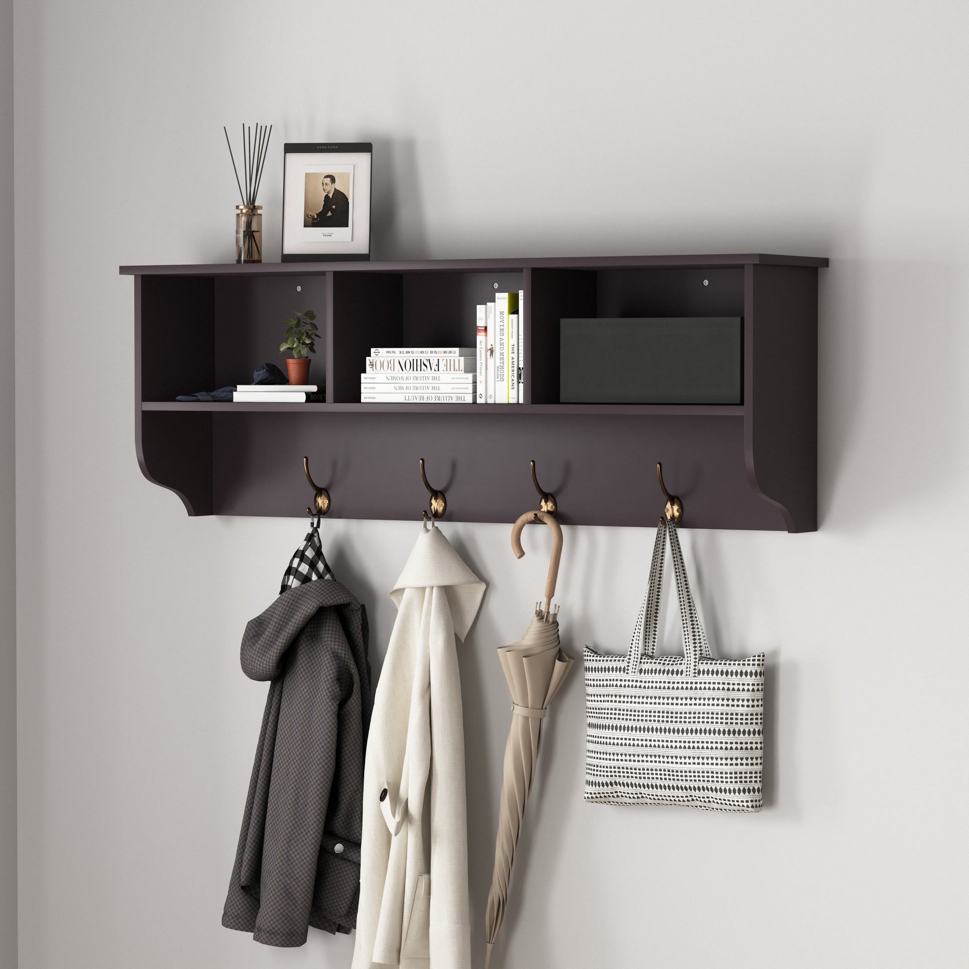 Espresso Entryway Wall Mounted Coat Rack With 4 Dual Hooks Living Room Wooden Storage Shelf Espresso Mdf