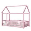 Twin Size Floor Wooden Bed With House Roof Frame, Fence Guardrails,Pink Twin Pink Pine