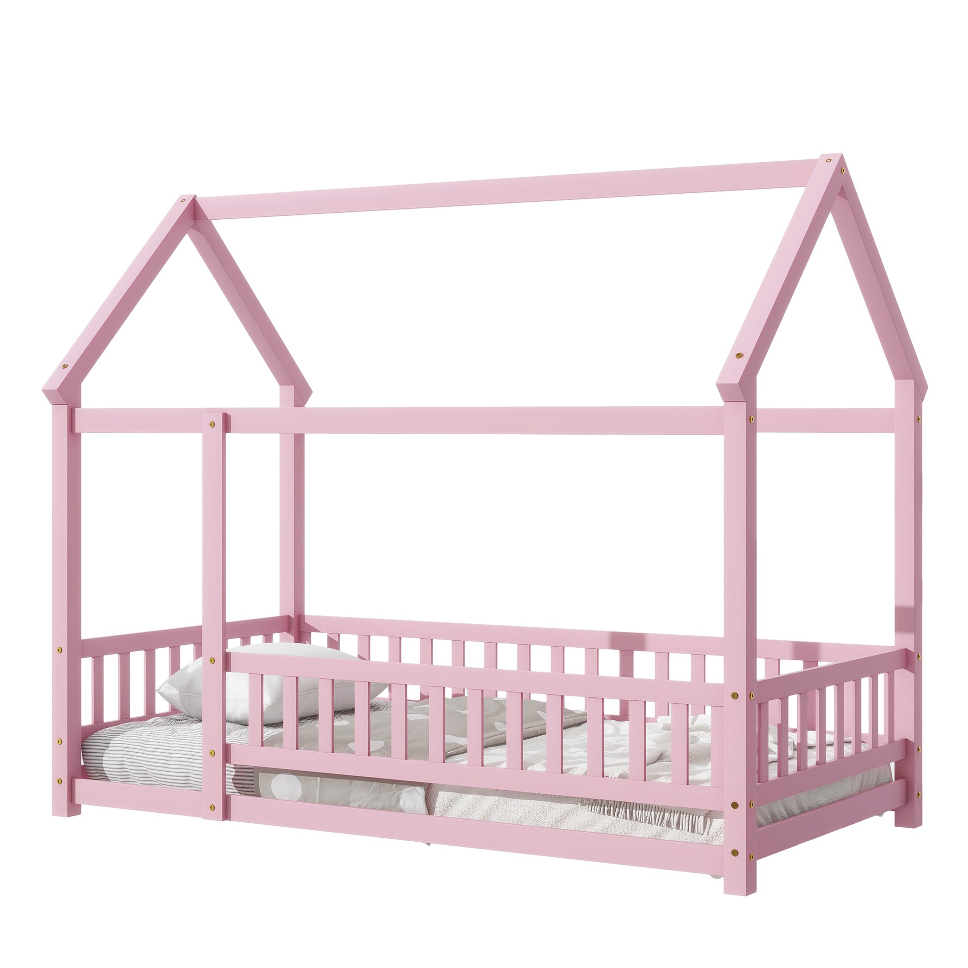 Twin Size Floor Wooden Bed With House Roof Frame, Fence Guardrails,Pink Twin Pink Pine