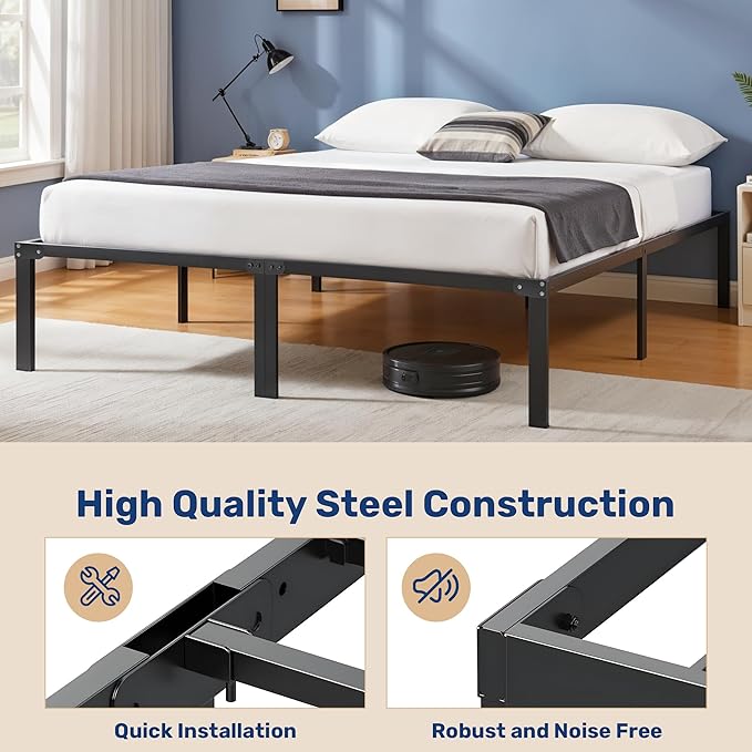 King Size Bed Frame, 14 Inch Platform Bed No Box Spring Needed, Sturdy Metal Bed Frame King Size, Storage Space Under The Bed Heavy Duty Frame Bed, Black Black Metal