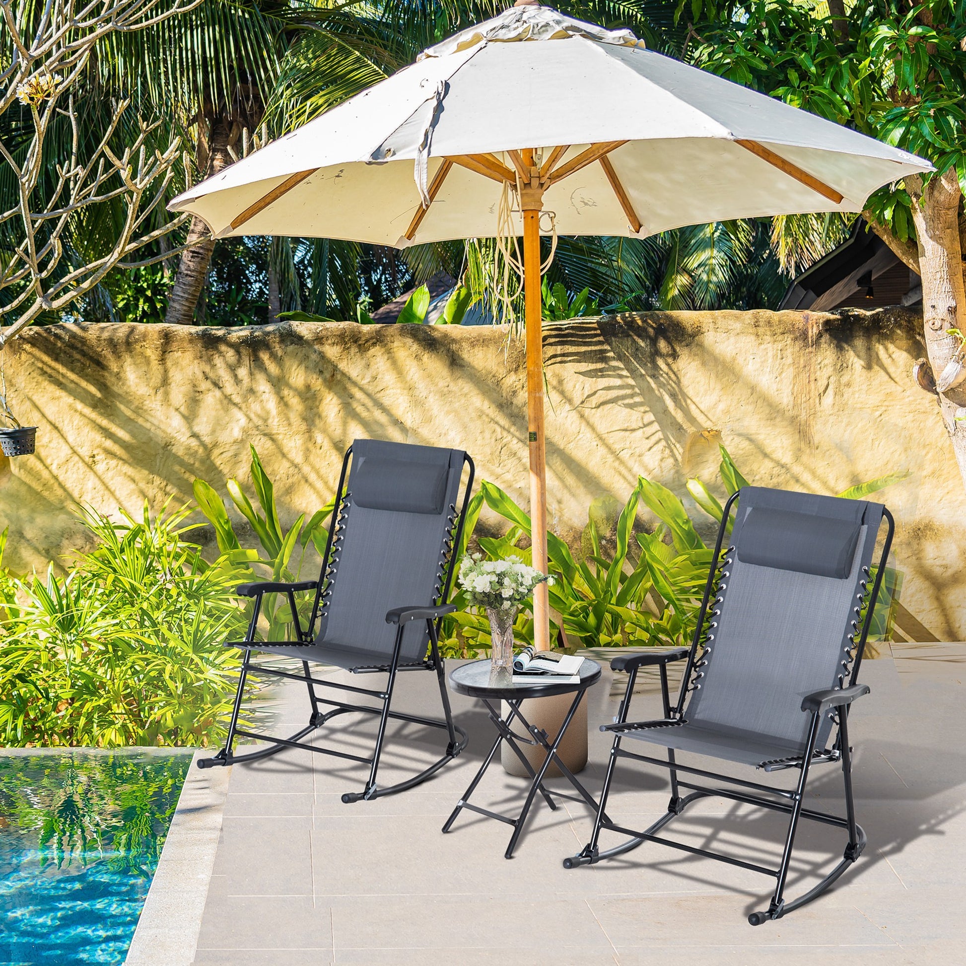 Outsunny 3 Piece Outdoor Rocking Bistro Set, Patio Folding Chair Table Set With Glass Coffee Table For Yard, Patio, Deck, Backyard, Grey Grey Fabric