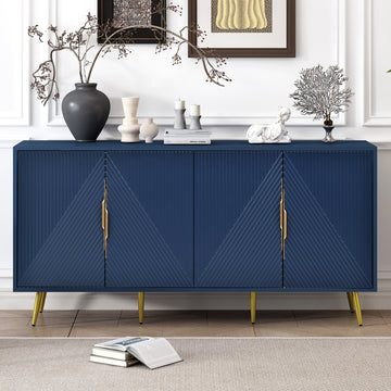 Stylish Sideboard With Wave Geometric Design, Conical Legs, Adjustable, Suitable For Study, Entryway And Living Room Navy Blue American Design Mdf