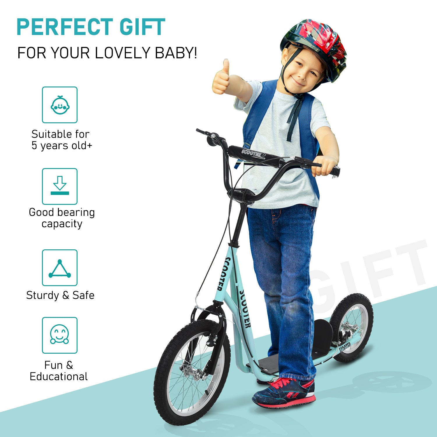 Aosom Youth Scooter, Teens Kick Scooter, Adjustable Handlebar Ride On Toy For 5 With 16" Front And 12" Rear Dual Brakes Inflatable Wheels, Blue Blue Iron Plastic