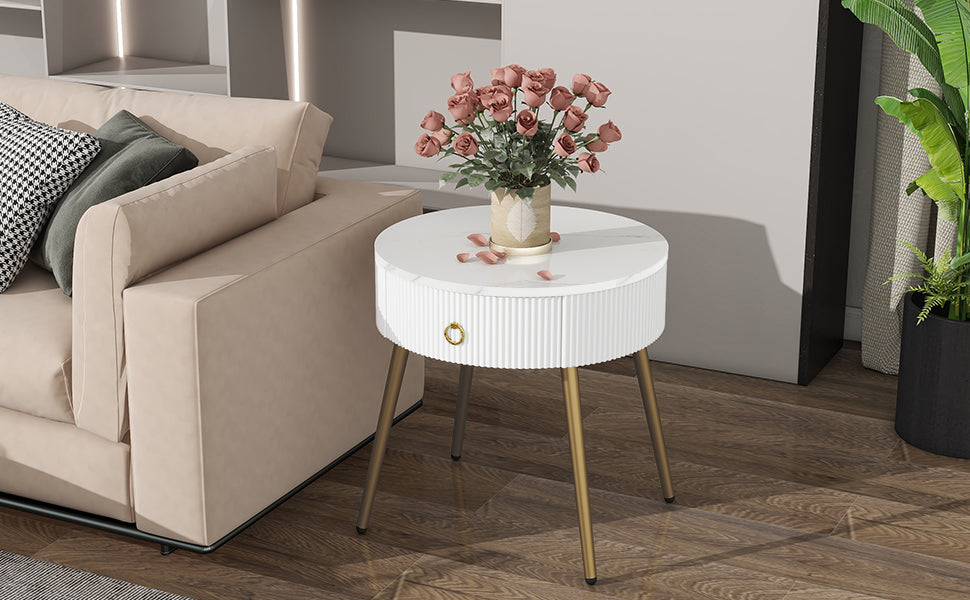 19.6'' Easy Assembly End Tables With High Gloss Faux Marble Tabletops, Set Of 2, Modern Fluted 2 Side Tables With Drawers, Round Coffee Tables With Golden Legs For Living Room, White White Gold Primary Living Space Drawers Round Mdf Iron