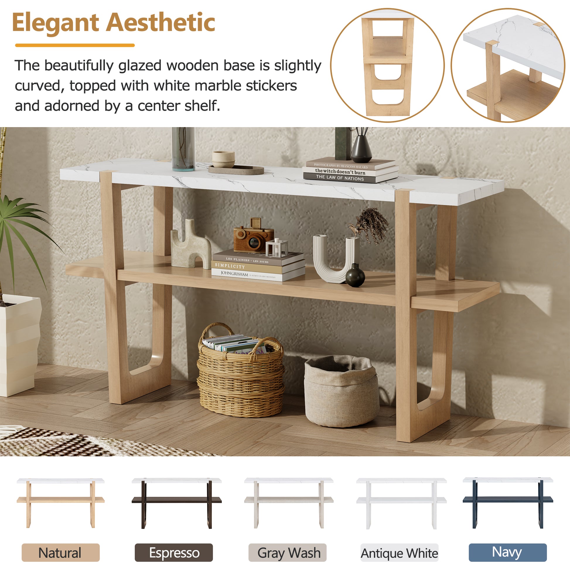 Retro Elegant Console Table With Marble Effect Top And Versatile Storage Solutions For Entryway And Living Room Natural Natural Solid Wood Mdf