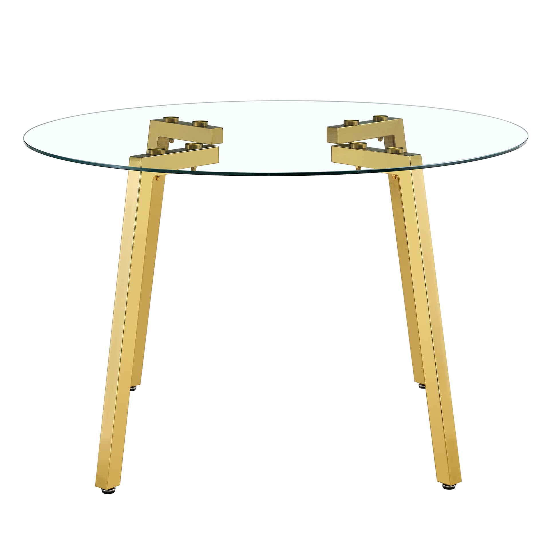 Modern Luxurious Round Tempered Glass Dining Table With Gold 7 Shaped Metal Legs,Suitable For Family Meals, Office Conferences, Or As A Casual Coffee Table For Various Occasions.47.3*47.3*29.5 Gold