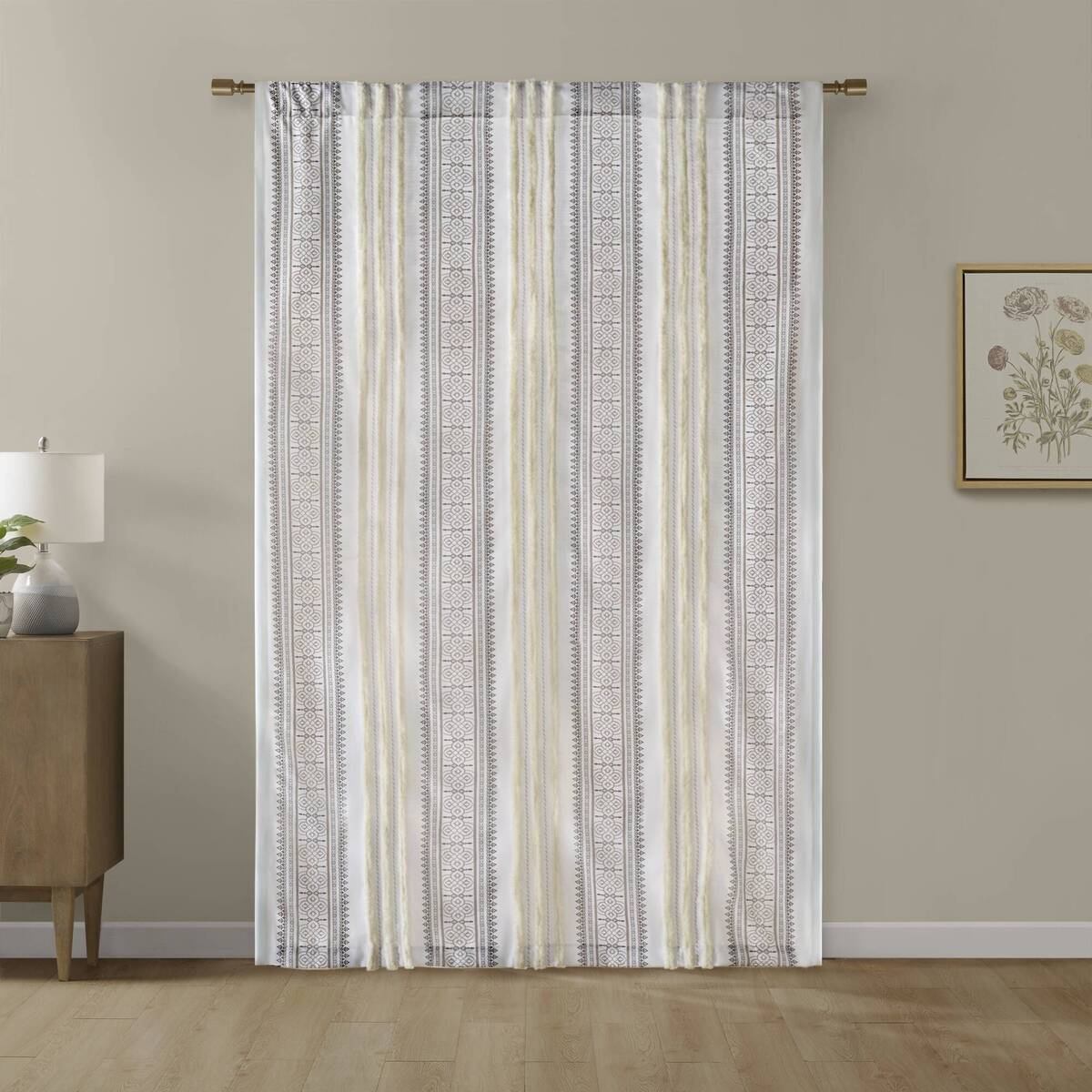 Poly Printed Curtain Panel With Tufted Stripe And Lining White Brown 50X95" Multicolor Polyester