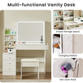 Vanity Table With Led Lit Mirror With Power Outlet And Hairdryer Shelving, With 4 Drawers And Upholstered Stool, Brightness Adjustable In 3 Lighting Modes, Storage Table, White,43.3