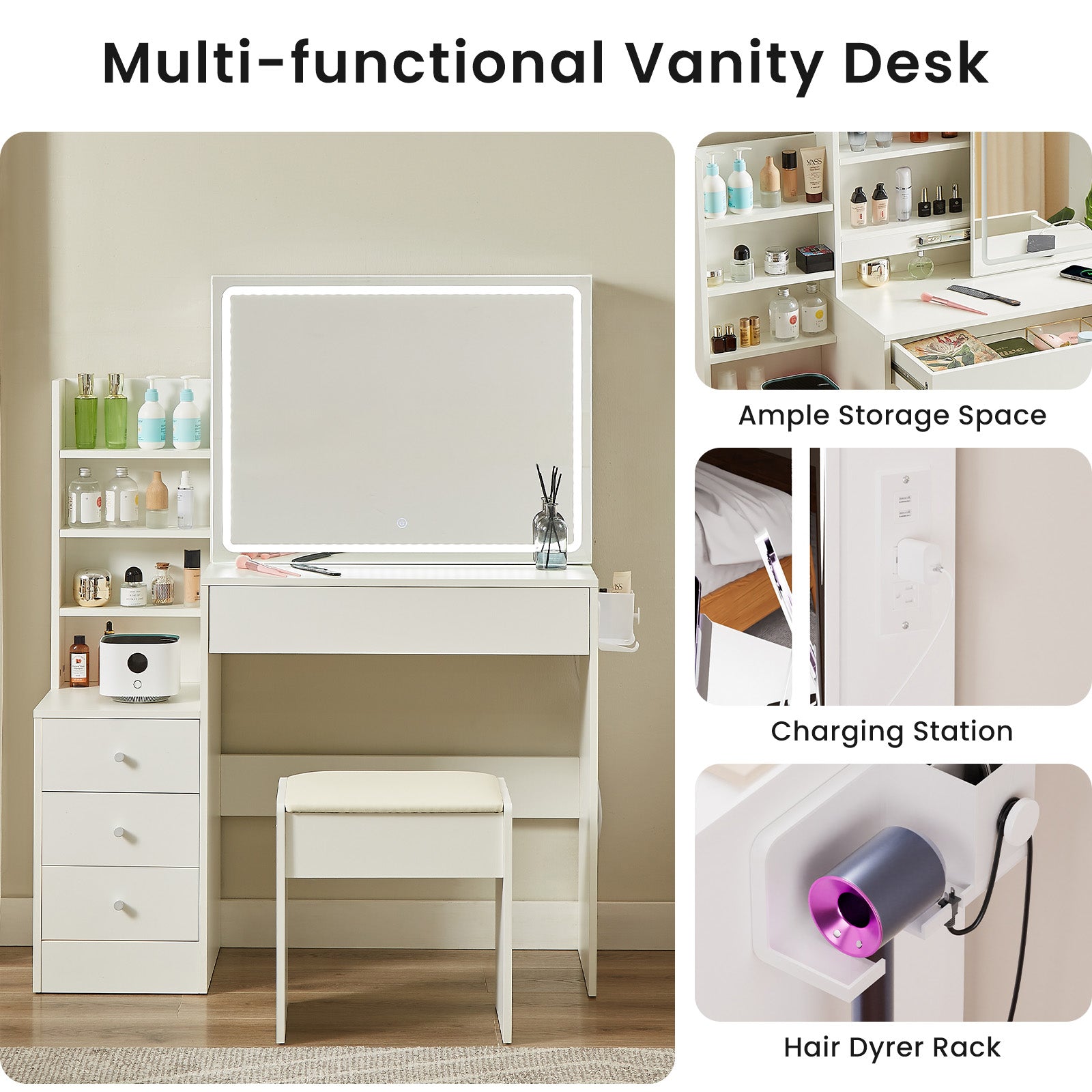 Vanity Table With Led Lit Mirror With Power Outlet And Hairdryer Shelving, With 4 Drawers And Upholstered Stool, Brightness Adjustable In 3 Lighting Modes, Storage Table, White,43.3"L *15.7"W