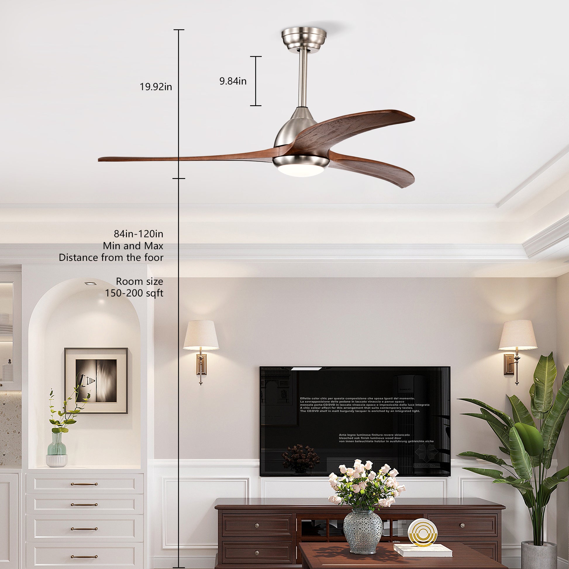 Same Sku W1592P176970 52" Solid Wood Blades Ceiling Fan With Light With Remote Control, Noiseless Reversible Motor, 6 Speed ,3 Colorfor Patio Living Room, Bedroom, Indoor. Stain Nickel Walnut Nickel