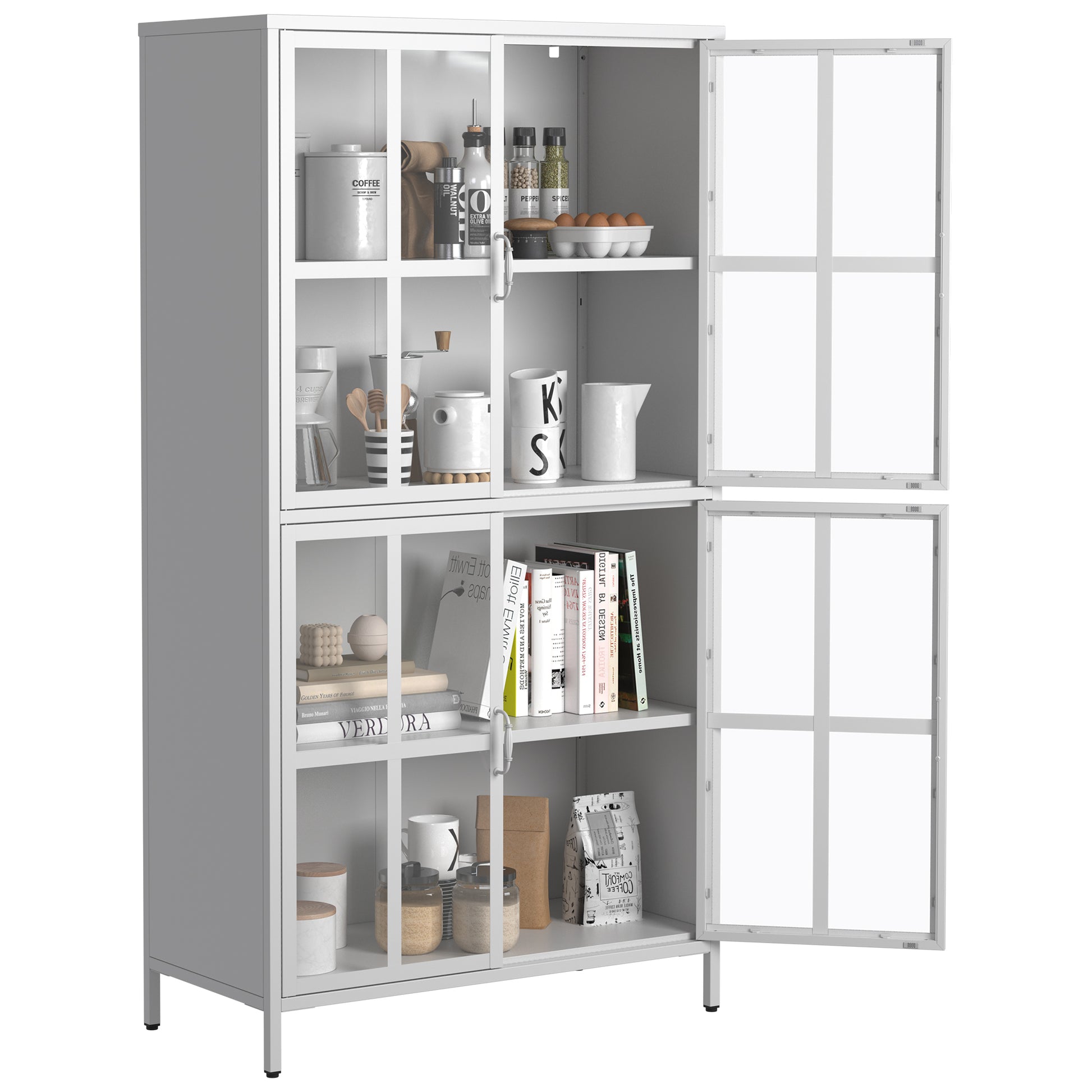 Premium Metal Storage Cabinet With Tempered Glass Doors,Sideboards & Buffets, Adjustable Shelves, Anti Tipping Device, Magnetic Silent Closure, And Adjustable Feet For Home And Office Use White Primary Living Space Modern Metal Metal