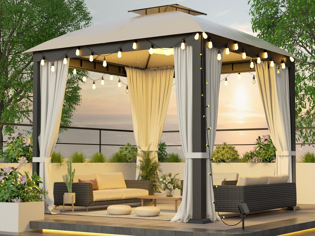 10X10Ft Softtop Metal Gazebo With Mosquito Net&Sunshade Curtains,Sturdy Heavy Duty Double Roof Canopy,Galvanized Steel Design Outdoor Tent,Suitable For Gardens,Patio,Backyard Beige Rectangular None Garden & Outdoor Water Resistant Gazebos Anchored Fabric