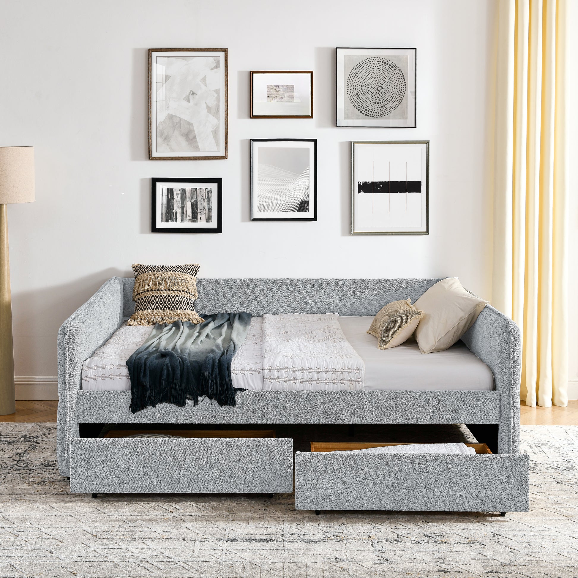 Daybed With Trundle Upholstered Tufted Sofa Bed, With Two Drawers, Queen Size, Boucle Fabric, Grey 88"X65.5"X29.5" Grey Boucle