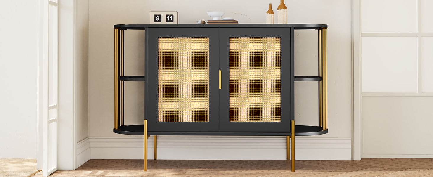 2 Door Elegant Curved Dining Cabinet With Gold Trim And Woven Rattan Doors For Dining Room Black Black Particle Board