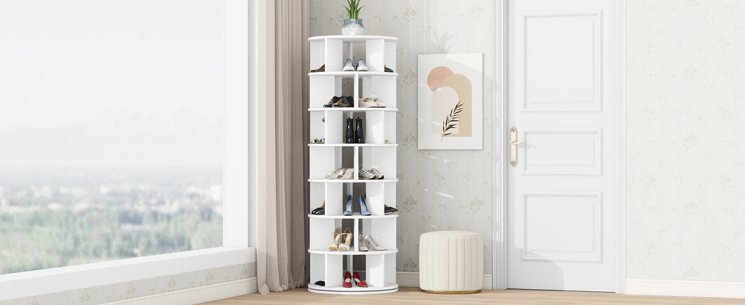 23.6'' Rotating Shoe Rack Tower, 7 Tier Spinning Shoe Shelf With 5 Grids Per Layer, Display Rack, 360 Revolving Shoe Carousel Closet Organizer For Entryway, Living Room, White 7 White Primary Living Space Particle Board