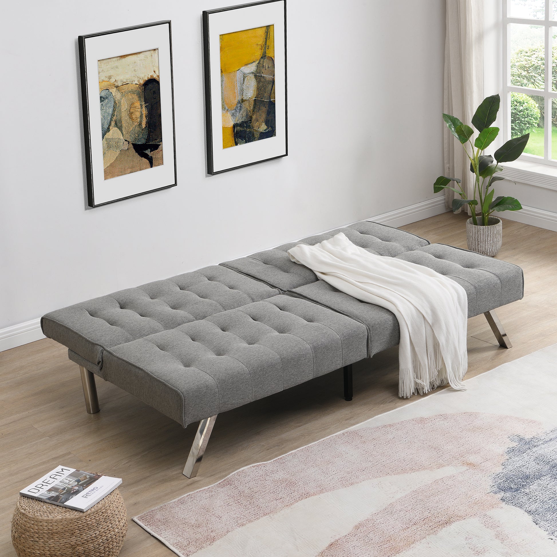 Wood Frame, Stainless Leg, Futon, Sofa Bed Grey Grey Fabric 2 Seat