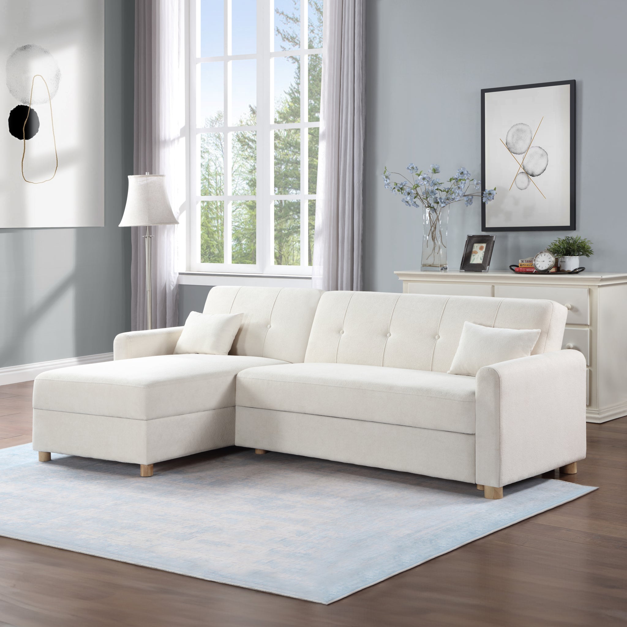 Thomas 99.5"W White Fabric Convertible Sleeper Sectional Sofa With Reversible Chaise And Storage White Fabric 3 Seat