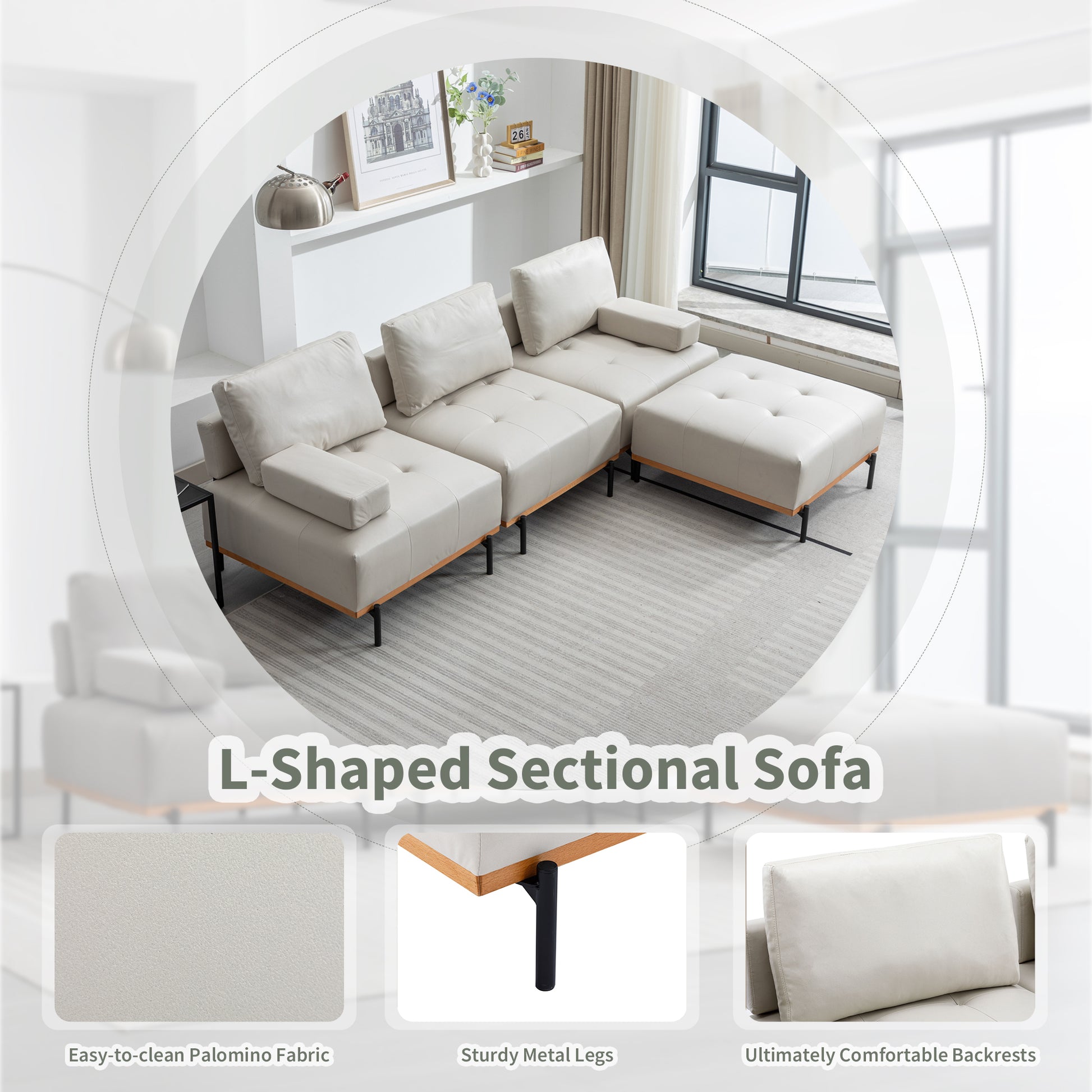 100.7'' L Shape Sectional Sofa 3 Seater Couches With A Removable Ottoman, Comfortable Fabric For Living Room, Apartment, Beige Beige Foam Palomino Fabric 4 Seat