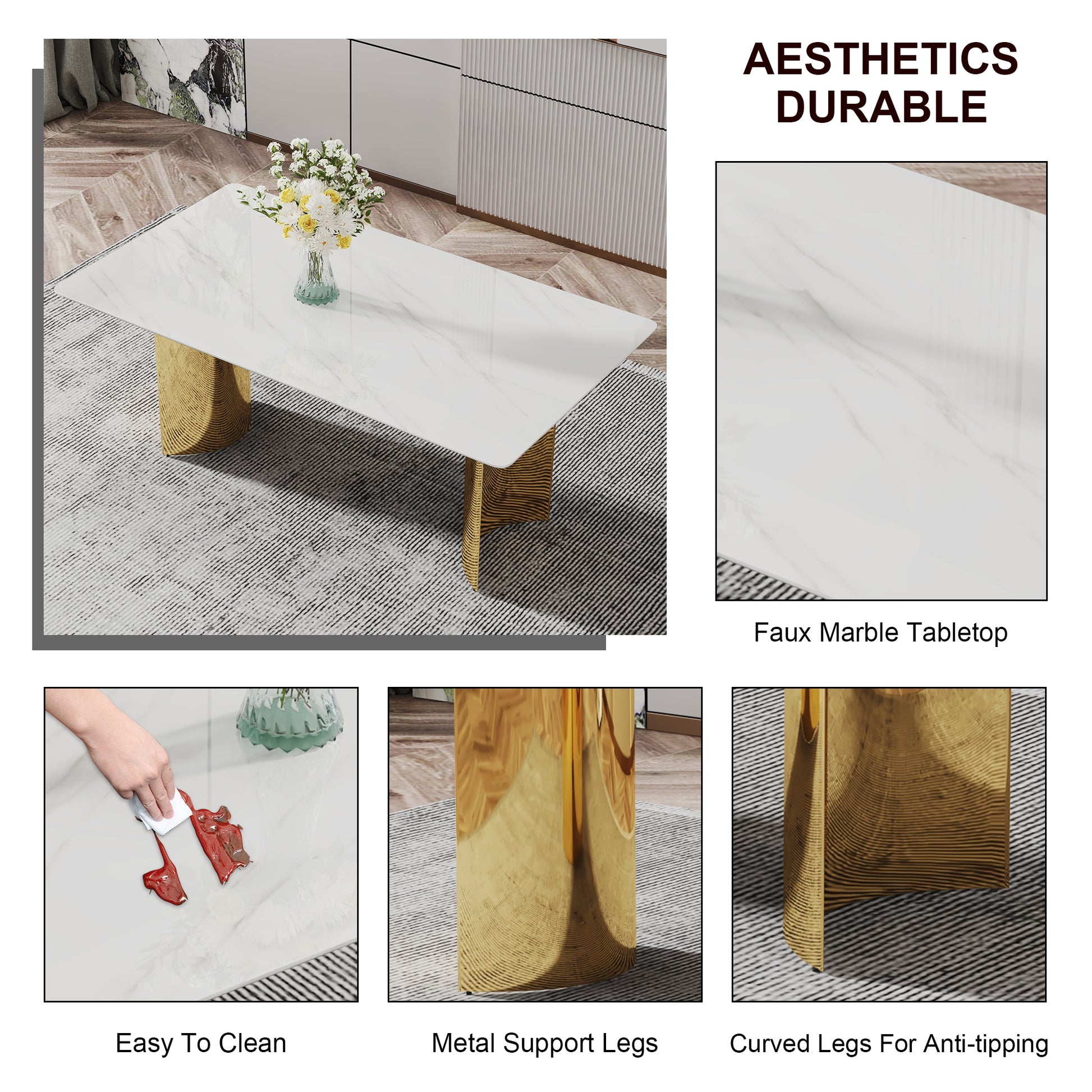 Table And Chair Set.The Table Has A Glass Top With Imitation Marble Pattern Stickers And Stainless Steel Golden Legs. Paried With Chairs With Pu Artificial Leather Backrest Cushions And Black Legs. White Gold Seats 6 Glass Metal