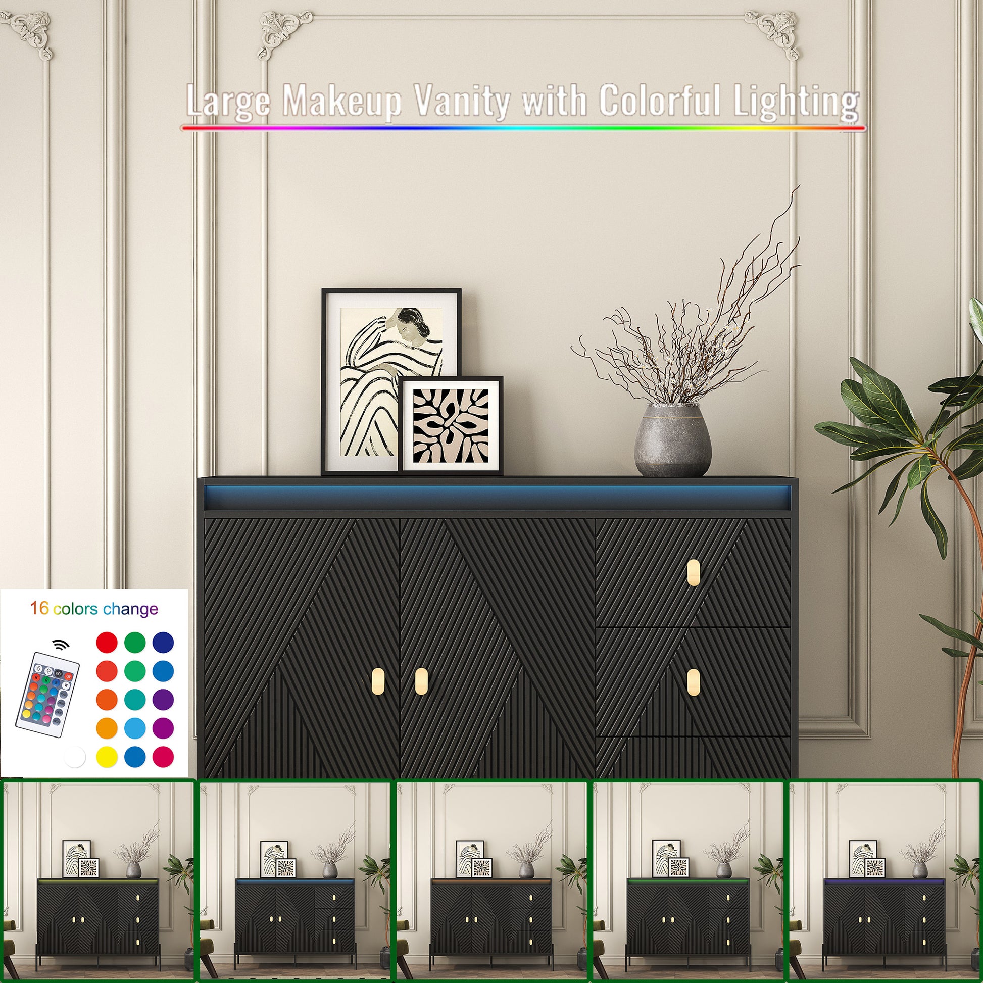 Buffets & Sideboards, Fluted Sideboard Cabinet, 2 Door 3 Drawer Design, With Led Lights,Acceent Black Sideboard Elegant Cabinet Ideal For Dining Room And Kitchen Storage,Black Black Mdf