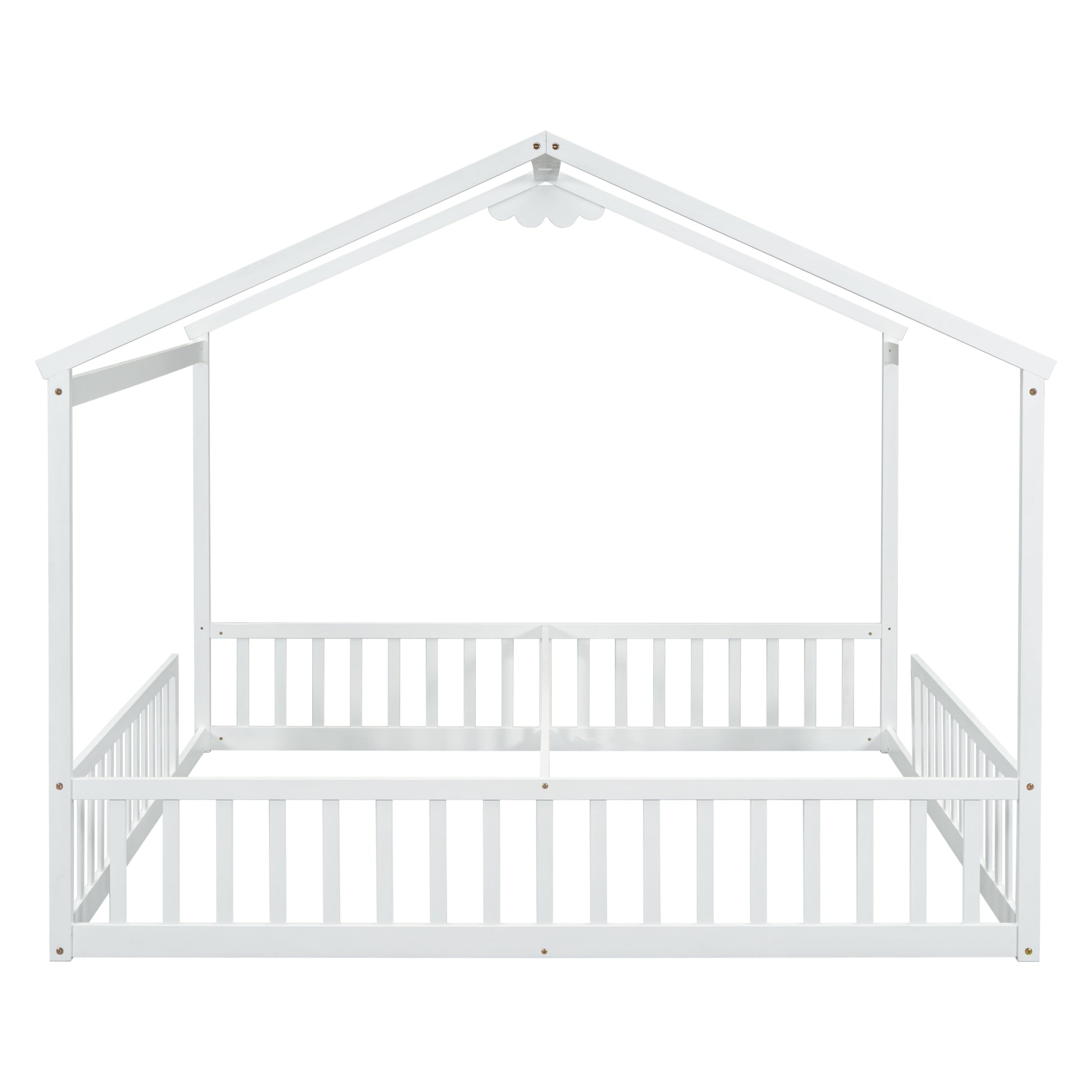 Double Twin House Style Floor Bed With Fence, Guardrails, Without Door, White Twin White American Design Pine