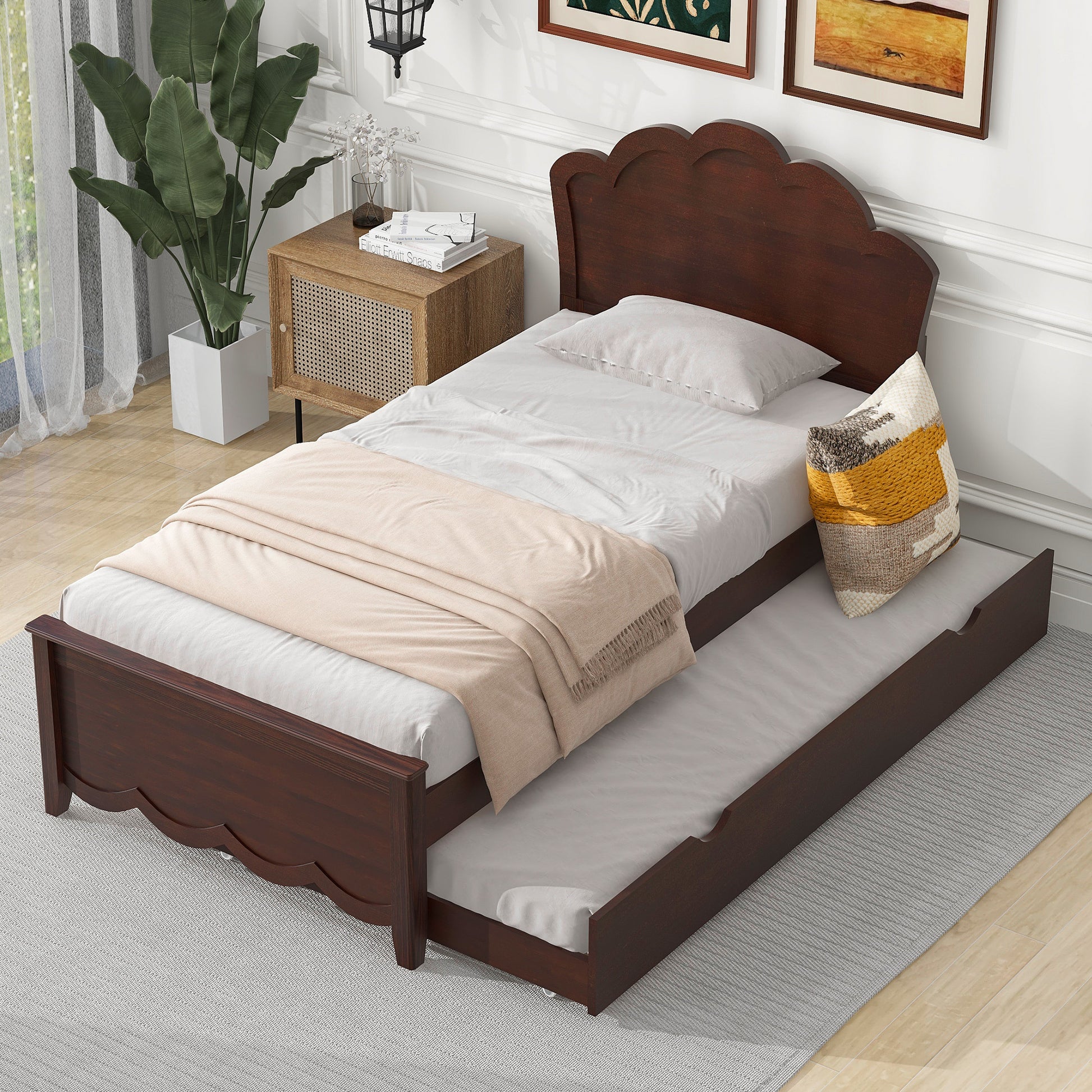 Twin Size Wood Platform Bed With Headboard And Twin Size Trundle, Cappuccino Box Spring Not Required Twin Cappuccino Wood Bed Frame Solid Wood Mdf