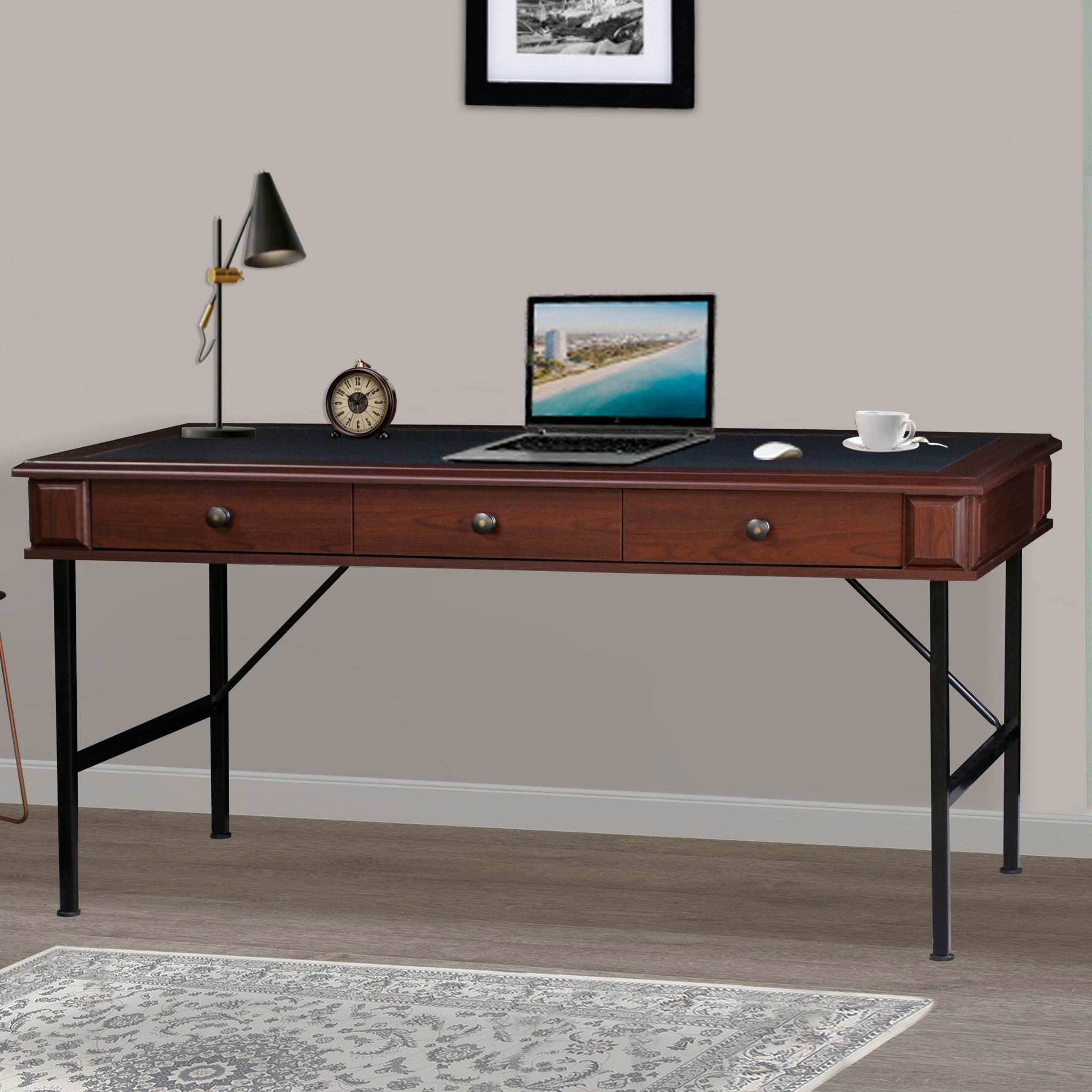 63" Writing Desk "Chic Cherry And Black Dual Tone Office Desk Elegant, Durable Writing Table With Storage Drawers And Metal Frame" Cherry Solid Wood