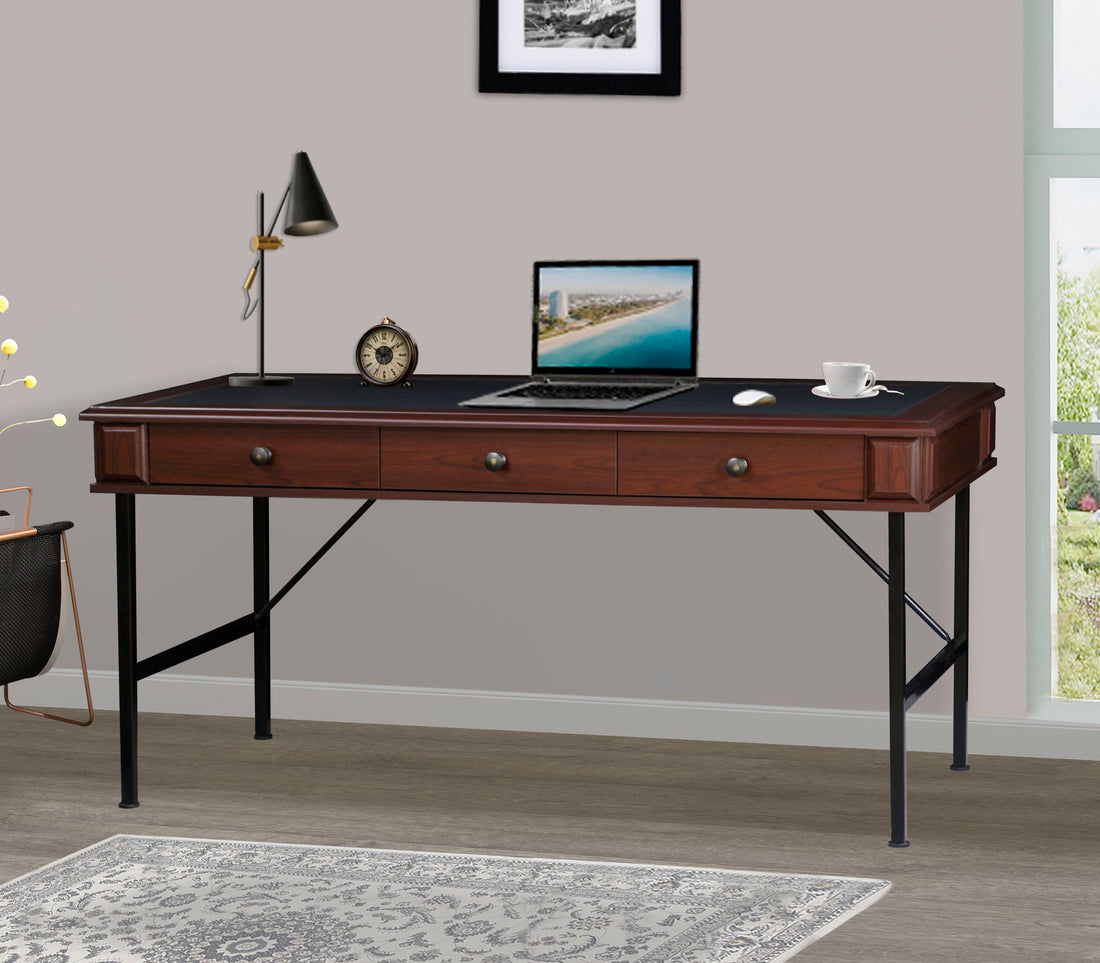 63" Writing Desk "Chic Cherry And Black Dual Tone Office Desk Elegant, Durable Writing Table With Storage Drawers And Metal Frame" Cherry Solid Wood