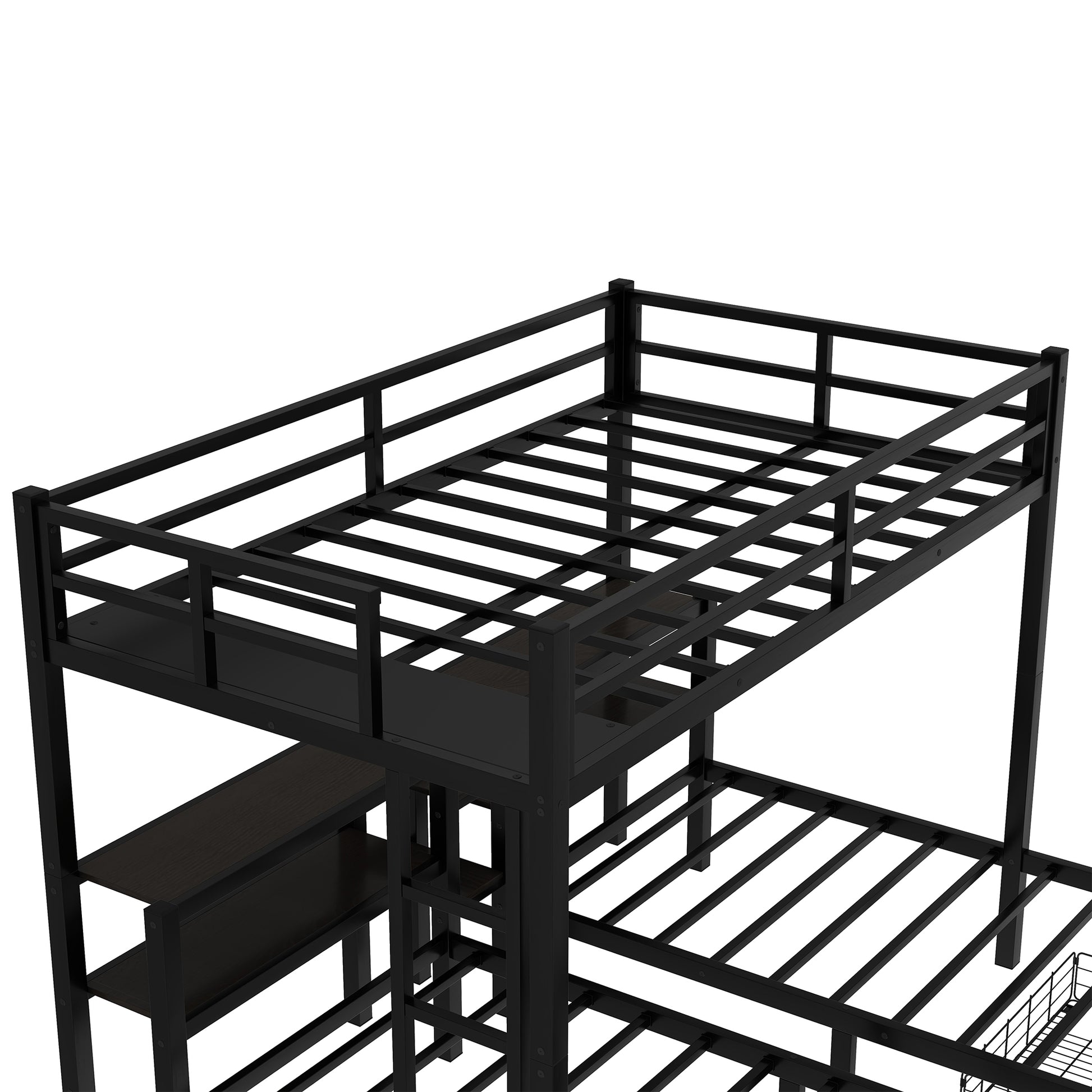 Full Xl Over Twin & Twin Triple Bunk Bed With Drawers,Multi Functional Metal Frame Bed, Bed Head With Shelving, Black Full Xl Black Metal