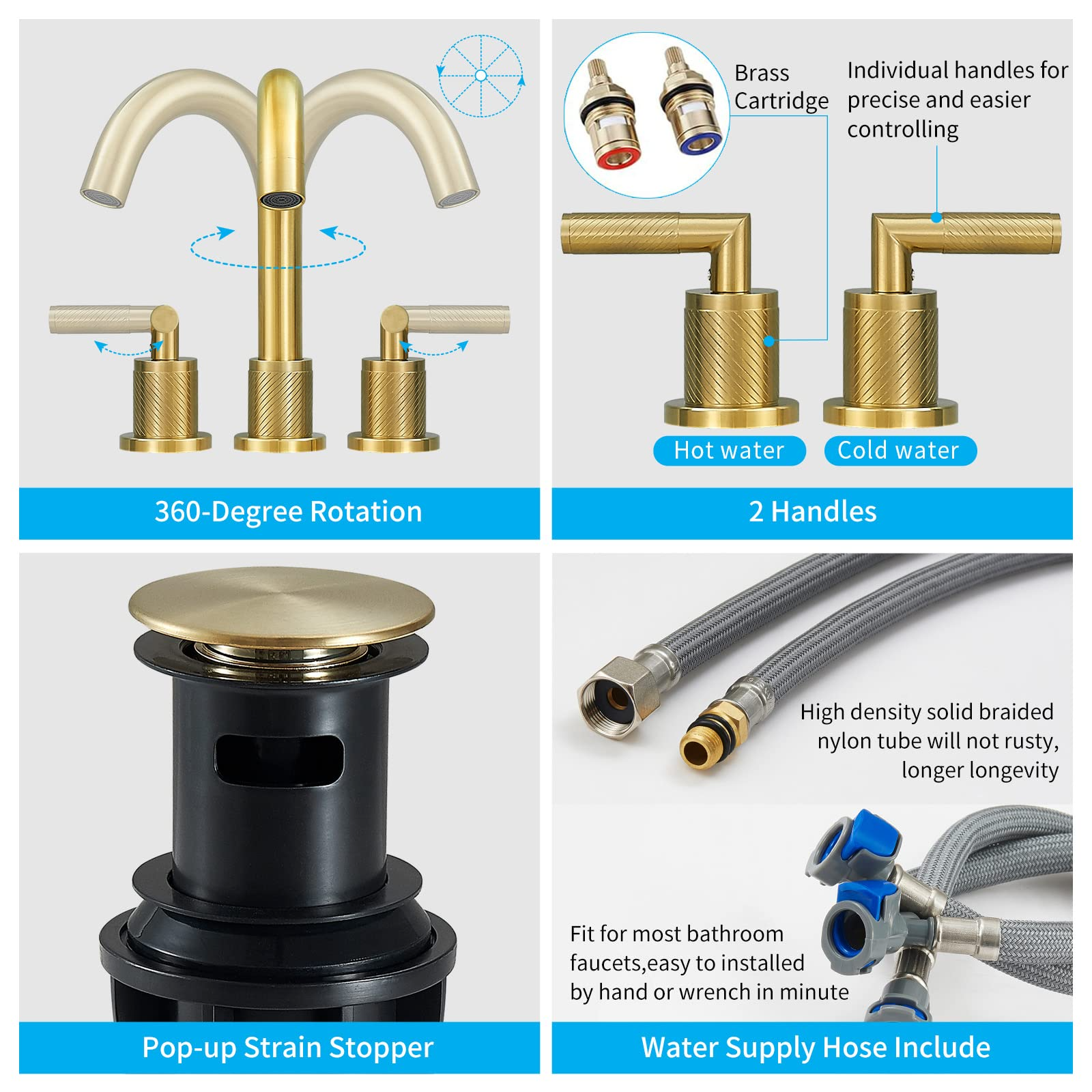 Gold Bathroom Faucet 2 Handle 8 Inch Bathroom Sink Faucets Stainless Steel 3 Hole Widespread With Pop Up Drain And Water Supply Hoses, Brushed Gold Brushed Gold Metal