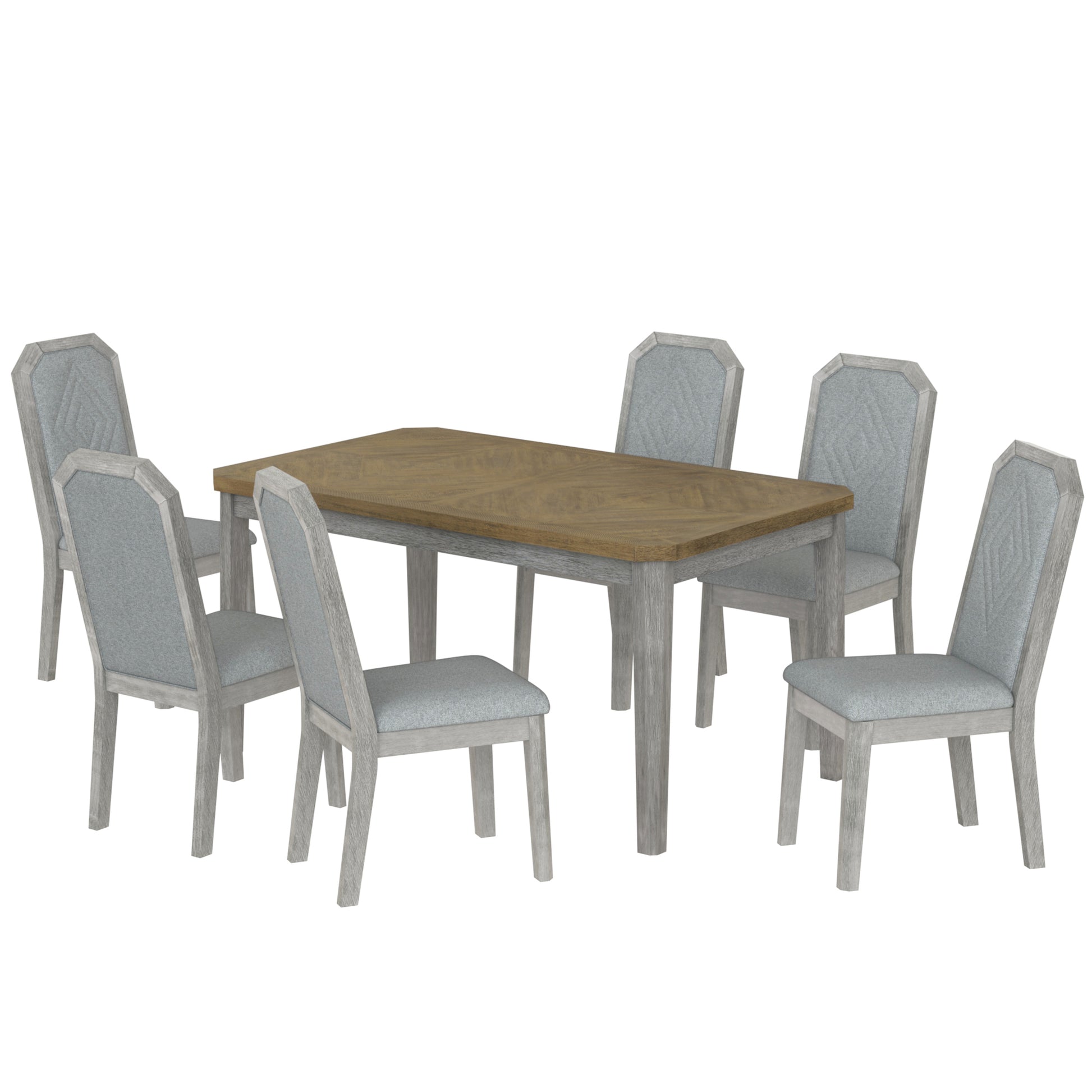 7 Piece Farmhouse Dining Set Classic Rustic Table And 6 High Back Design Chairs For Dining Room, Kitchen Brown Gray Brown Gray Solid Wood Mdf