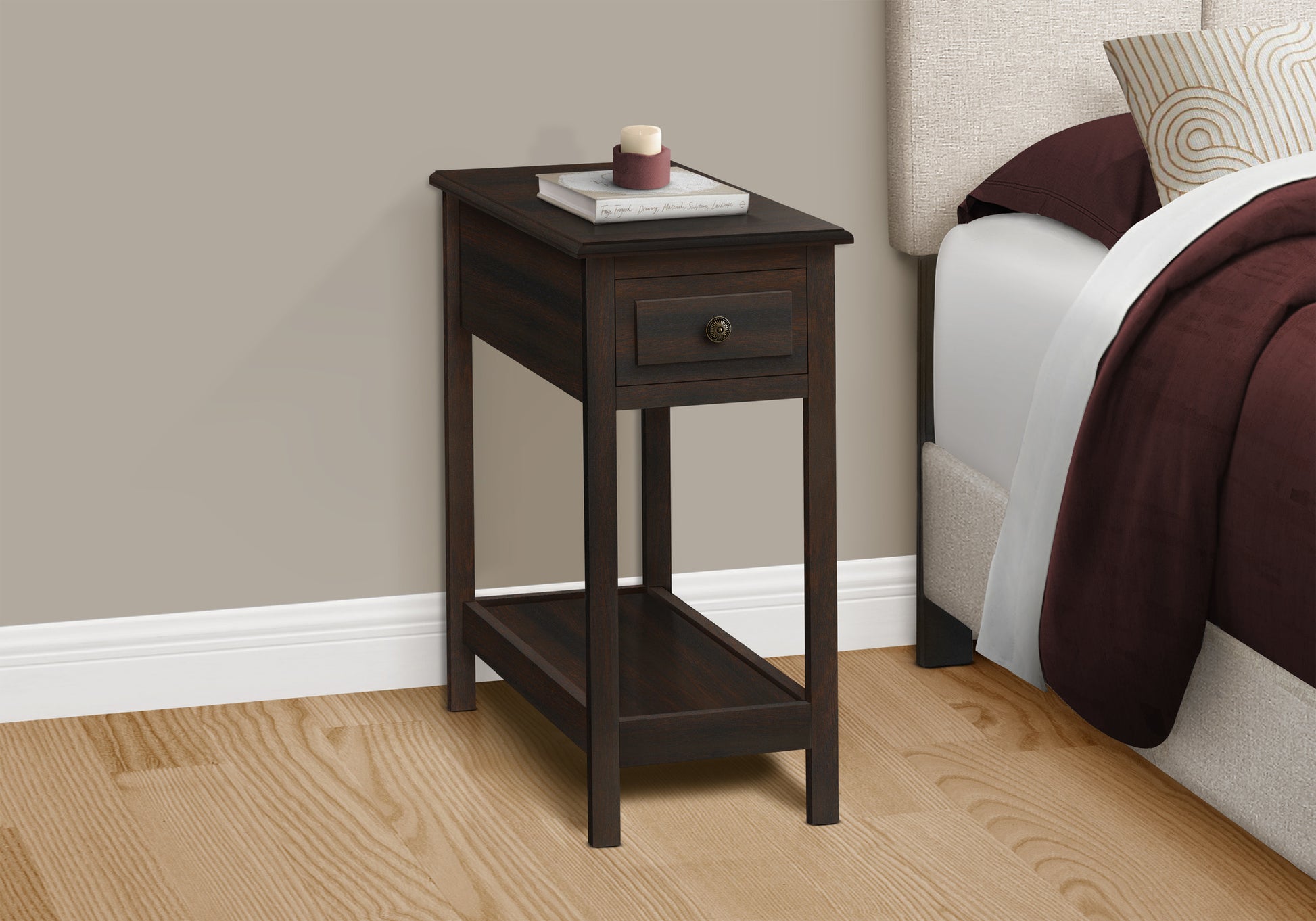 Accent Table, 2 Tier, End, Side Table, Narrow, Nightstand, Bedroom, Storage Drawer, Lamp, Brown Veneer, Transitional Walnut Mdf