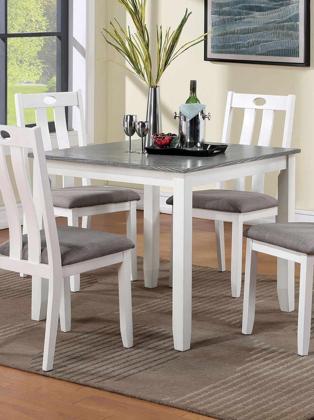 Modern White Solid Wood 5Pc Dining Set Table 4X Chairs Gray Fabric Cushions Seats Chairs Dining Room Wood Dining Room Solid Wood Square Dining Table With Chair Wood Wood White Gray Slat Back Seats 4 36 Inches Contemporary,Modern,Transitional 4 Leg