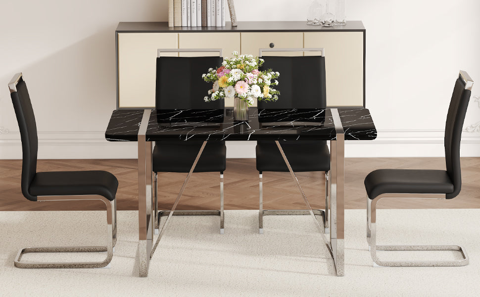 Table And Chair Set.A Rustic Industrial Rectangular Mdf Black Dining Table With Mdf Desktop And Electroplated Silver Metal Legs.Paried With 4 Chairs With Pu Cushion And Metal Legs. Black,Silver Seats 4 Mdf Metal